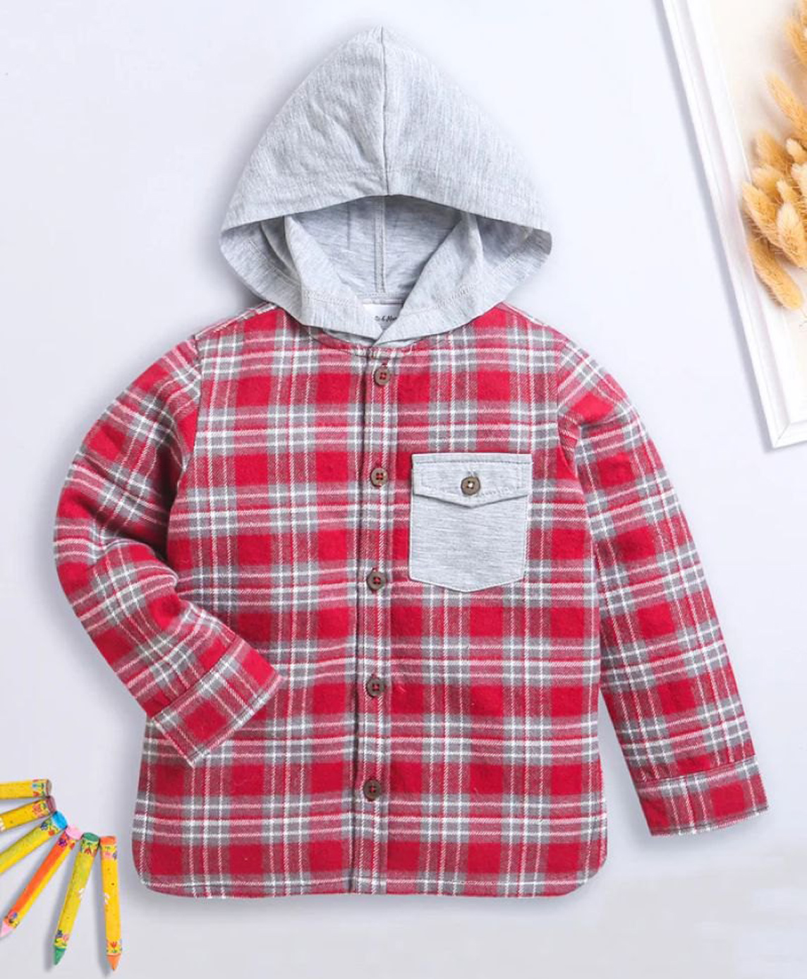 Nino Bambino Organic Cotton Knit Full Sleeves Checked Light Winter Hooded Sweatshirt - Multi Colour-image-20