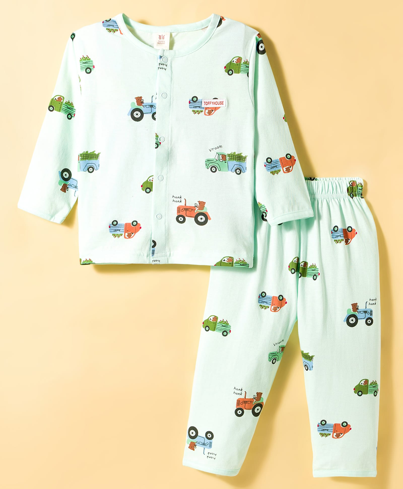 ToffyHouse Cotton Knit Full Sleeves Co-Ord T-Shirt & Pyjama Night Suit with Vehicle Print - Light Green