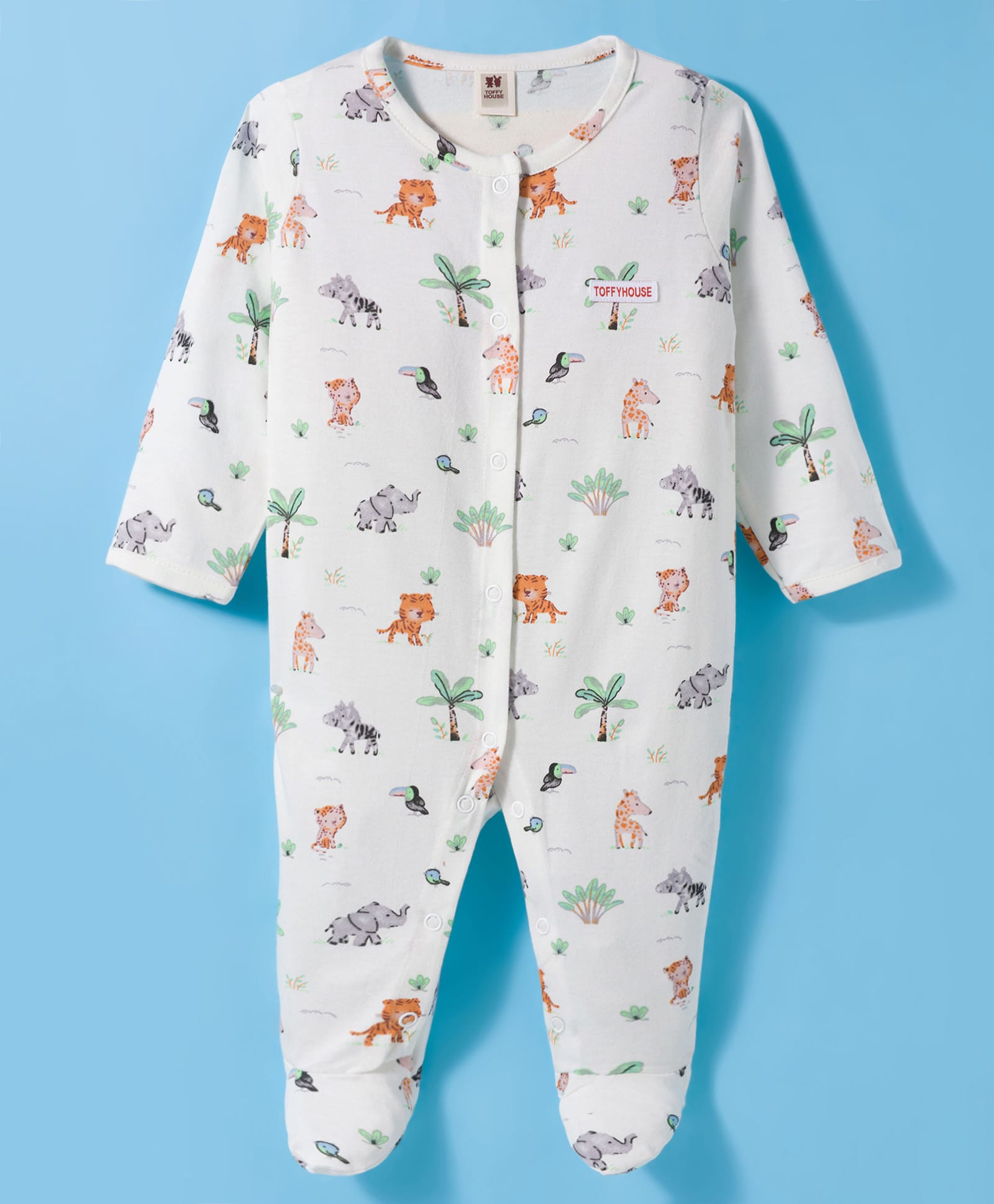 ToffyHouse 100% Cotton Knit Full Sleeves Footed Sleep Suit With Animals Print - White-picture-16