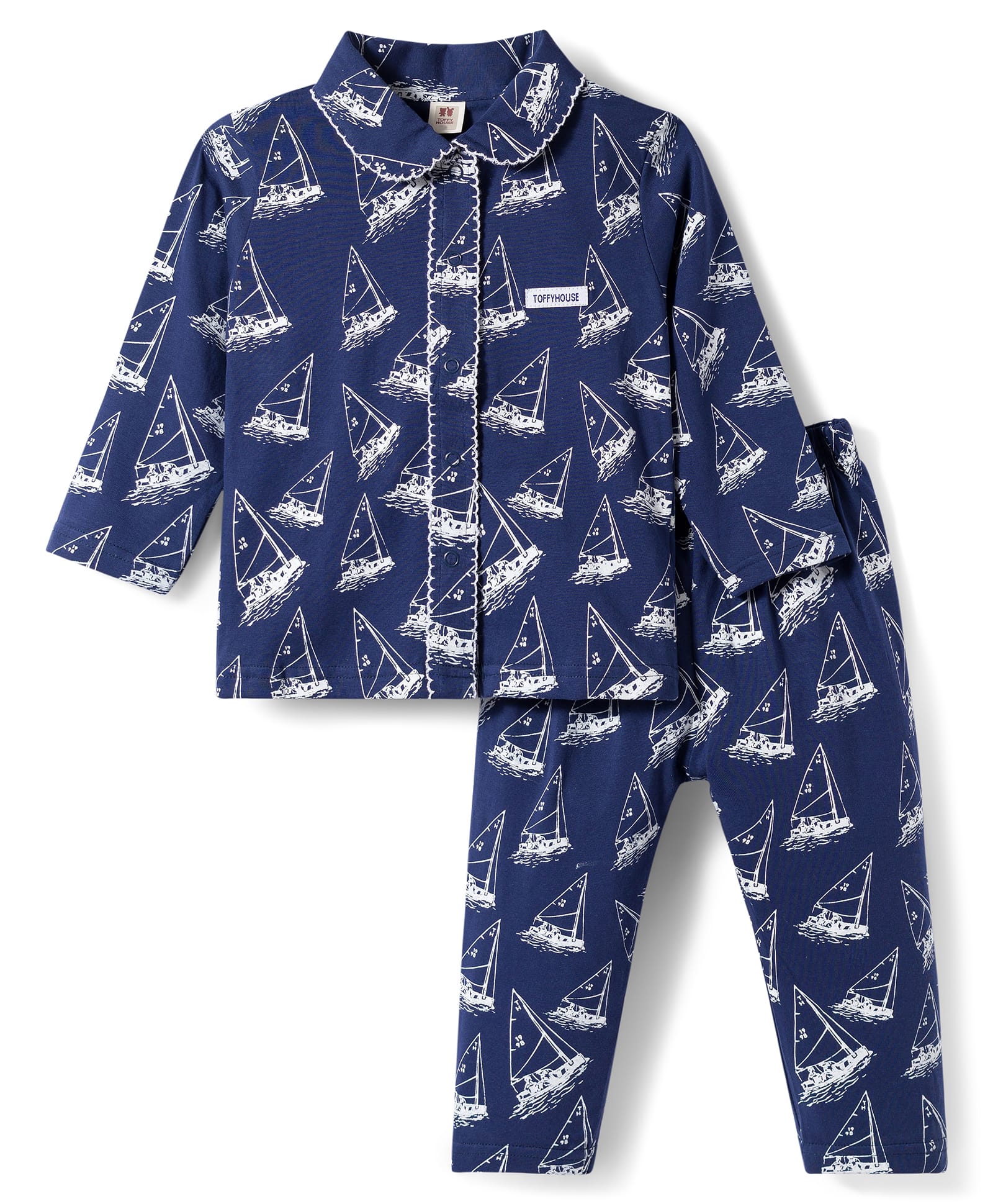 ToffyHouse 100% Cotton Knit Full Sleeves Shirt & Pajama Night Suit with Boat Print - Navy Blue-picture-22
