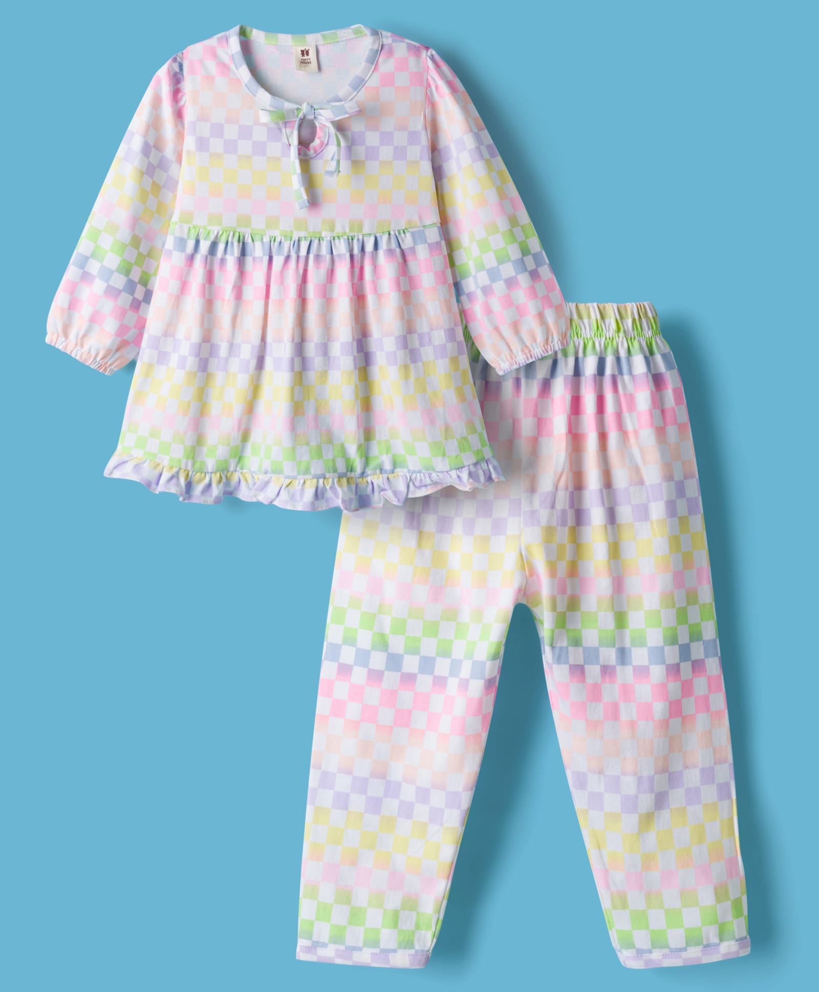 ToffyHouse 100% Cotton Single Jersey Knit Full Sleeves Co-ords Top & Pajama Night Suit With Frill Detail & Checks Print - Multicolor-image-48