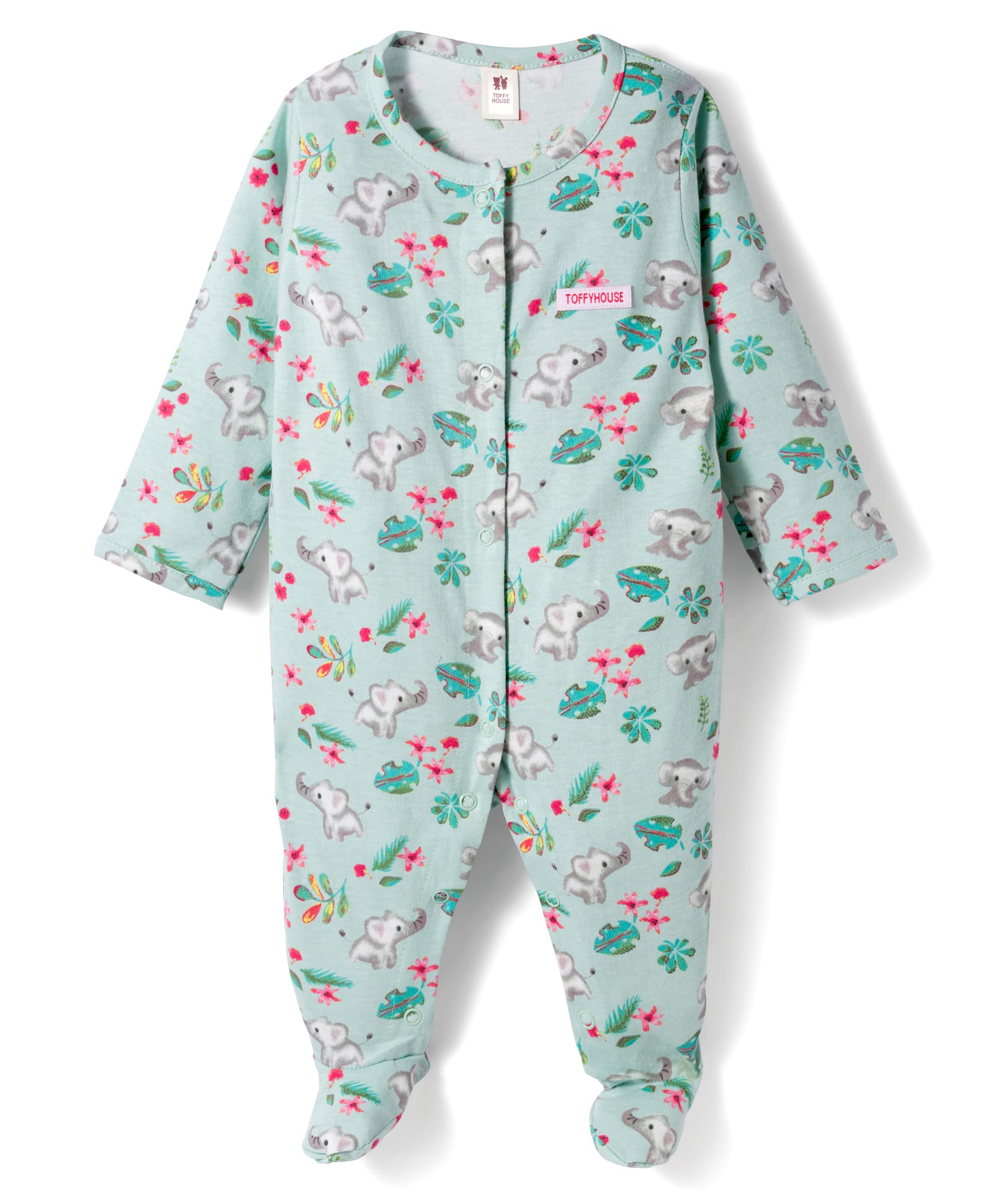 ToffyHouse Single Jersey Knit Full Sleeves Sleep Suit With Floral & Animal Print - Sea Green-picture-8
