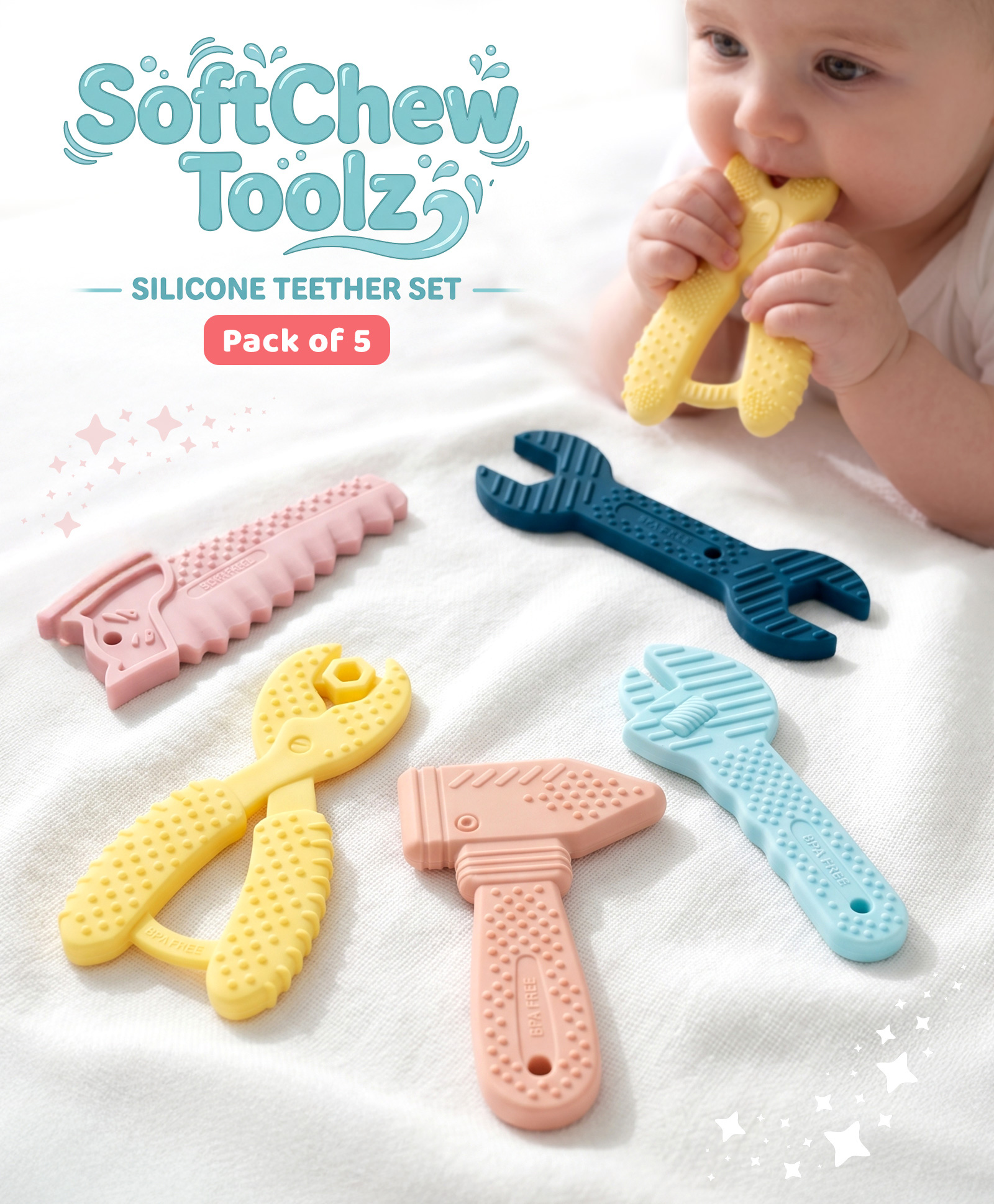 Bonfino SoftChew Toolz Silicone Teether Set Pack of 5| BPA-Free Soft Chewable Teething Toys| Safe Teething Relief| Ideal Infant Gifting Option| Soothes Teething Gums-image-2