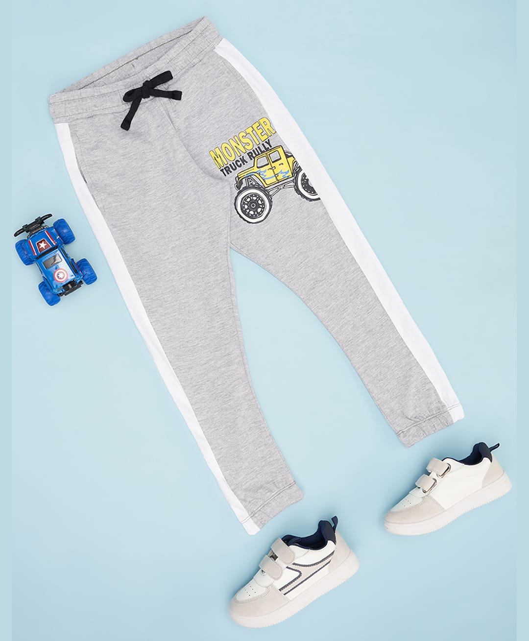 Pantaloons Junior Cotton Knit Monster Truck Printed Side Taped Joggers - Grey-image-19