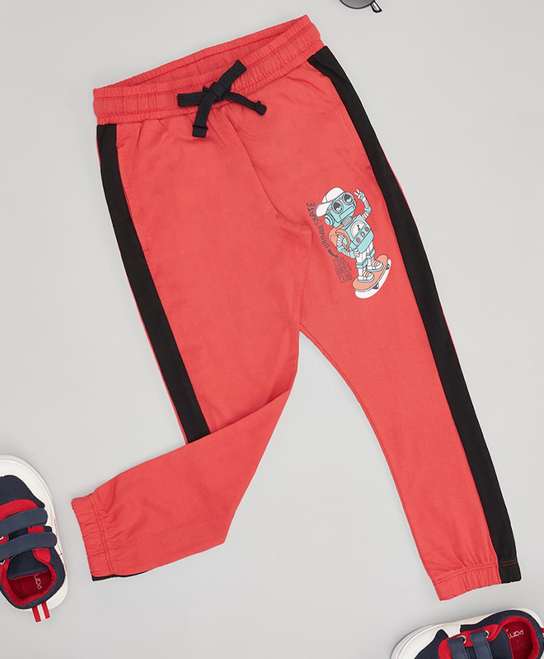 Pantaloons Junior Cotton Knit Skater Robot Printed Side Taped Joggers - Red-picture-24