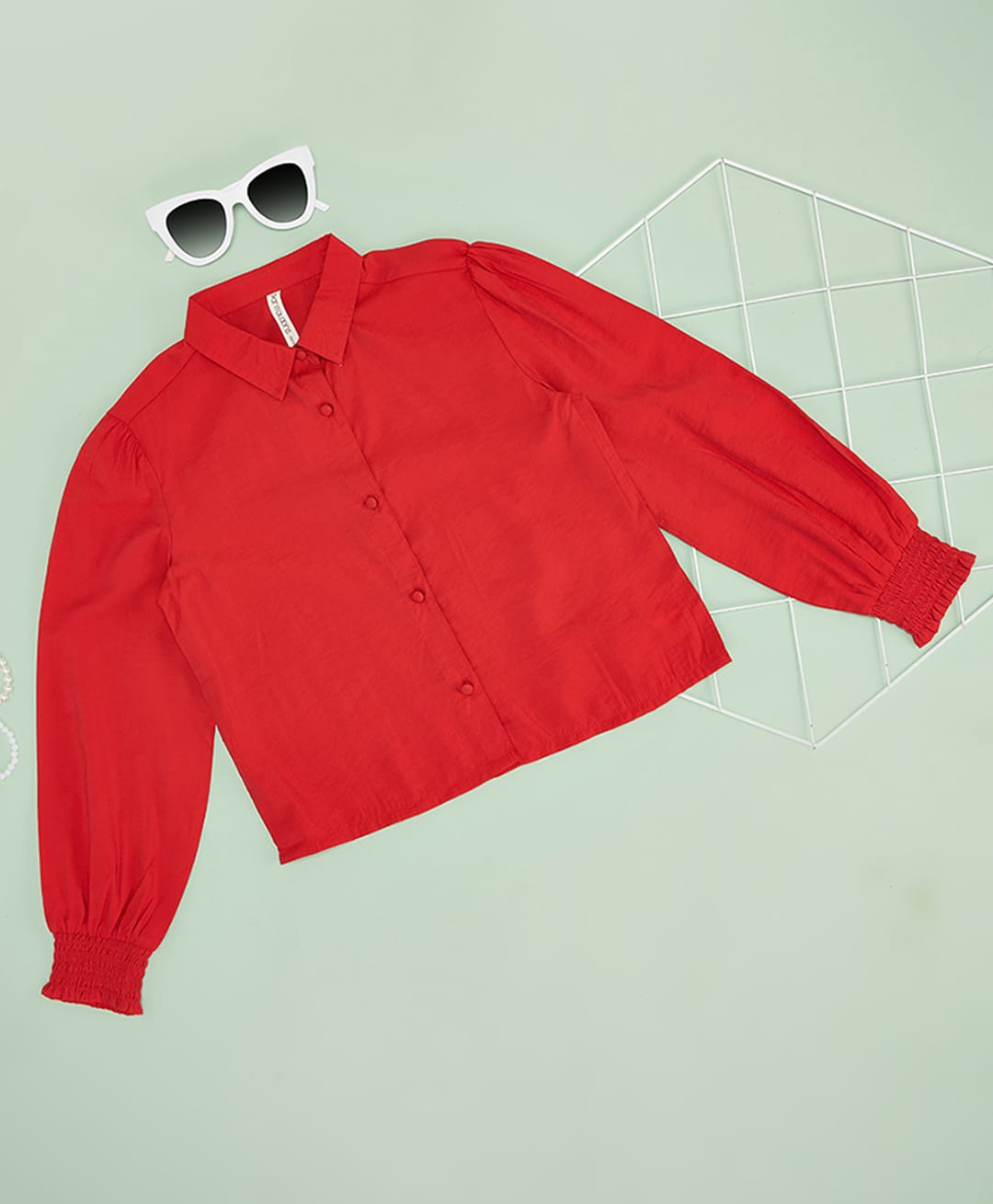 Pantaloons Junior Viscose Woven Full Puffed Sleeves Solid Shirt Style Top - Red-picture-33