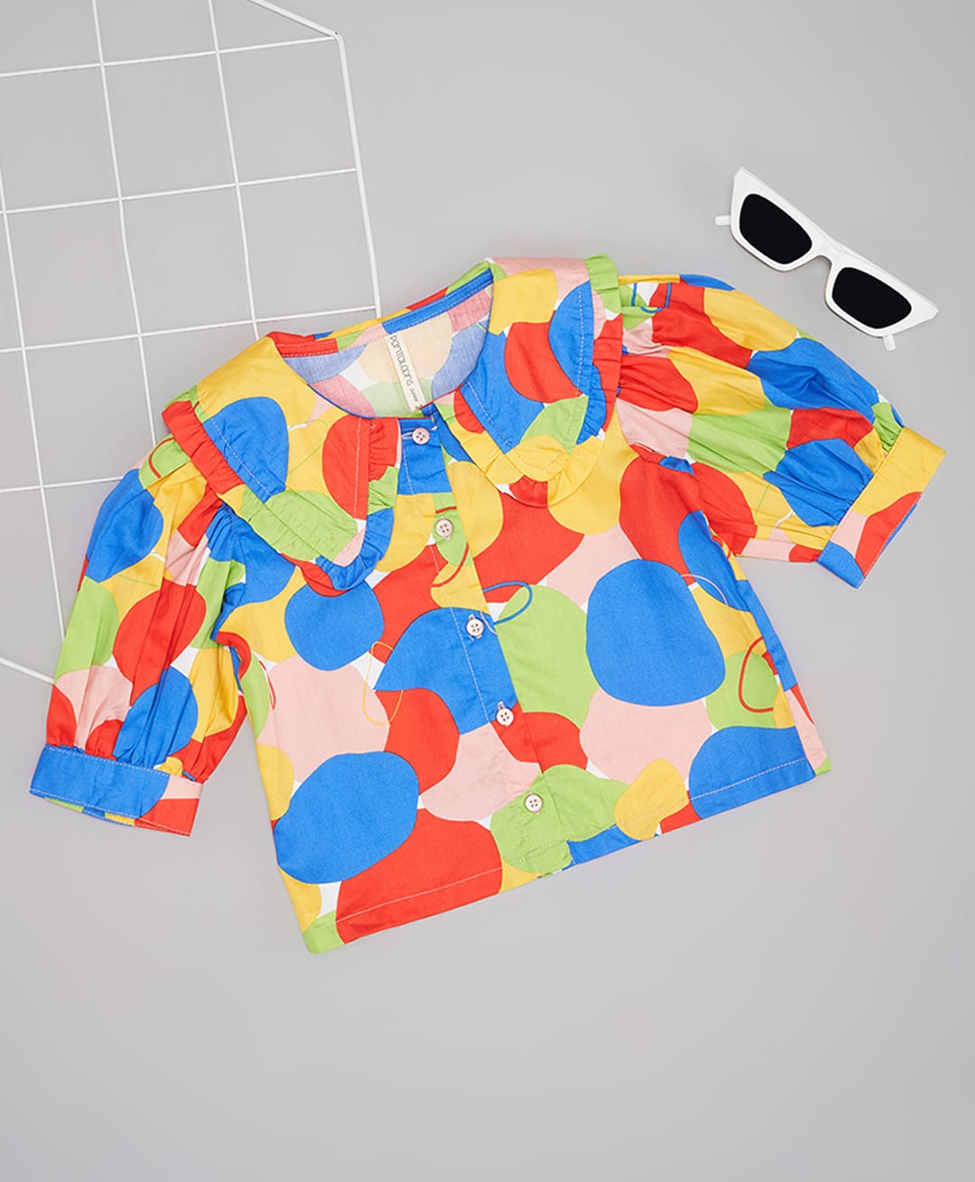Pantaloons Junior Cotton Woven Half Puffed Sleeves Geometric Printed Peter Pan Collar Top - Multi Colour-image-6