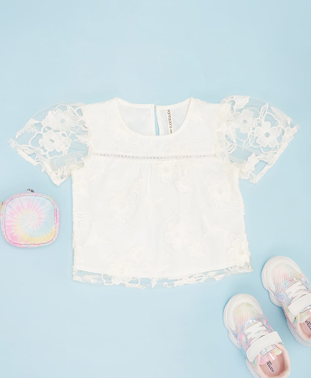 Pantaloons Junior Woven Half Sleeves Floral Embroidered Top - White-image-14