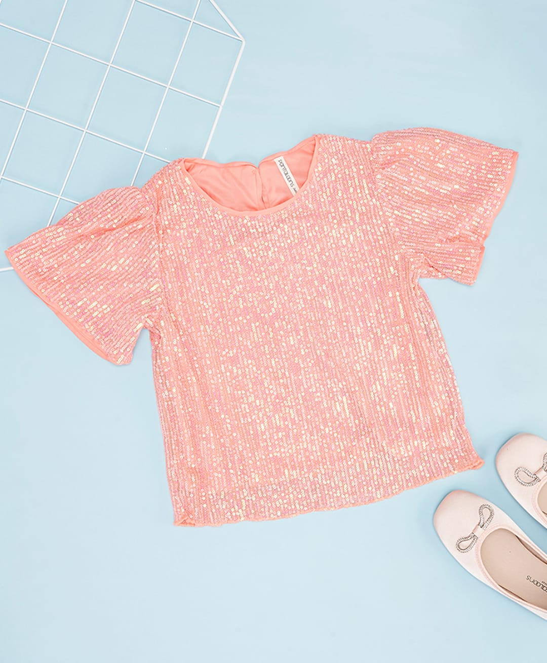 Pantaloons Junior Knit Half Sleeves Sequins Embellished Top - Coral-picture-25