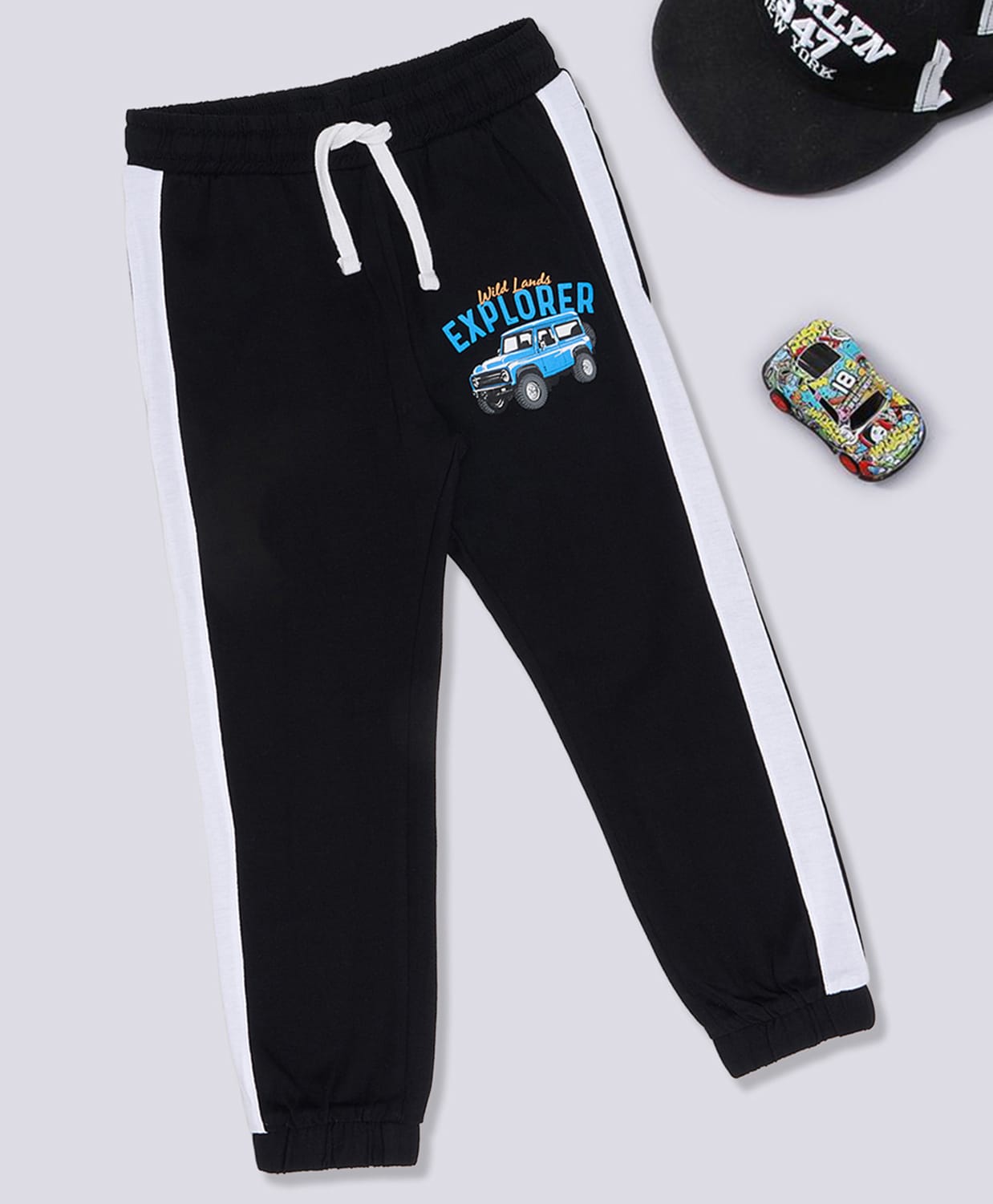 Pantaloons Junior Cotton Knit Truck Printed Side Taped Joggers - Black-image-6