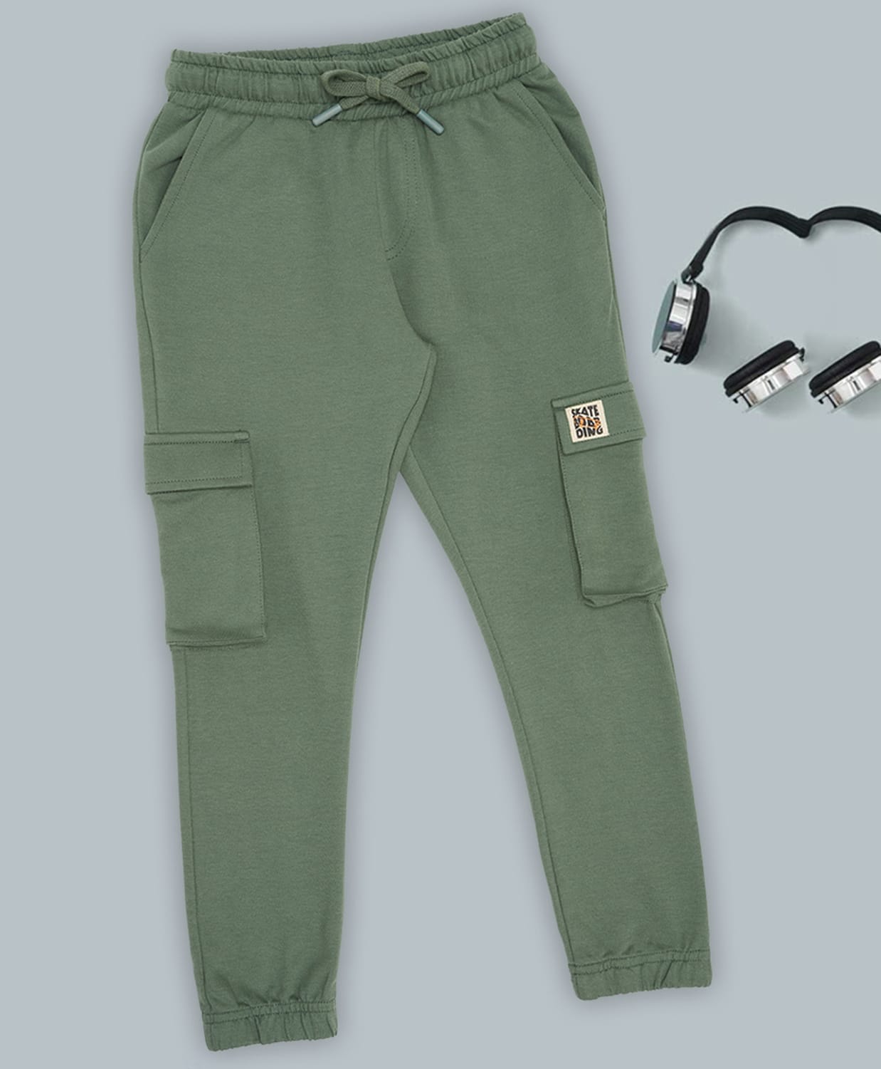Pantaloons Junior Cotton Knit Skateboard Text Patch Detailed Joggers - Green-picture-18