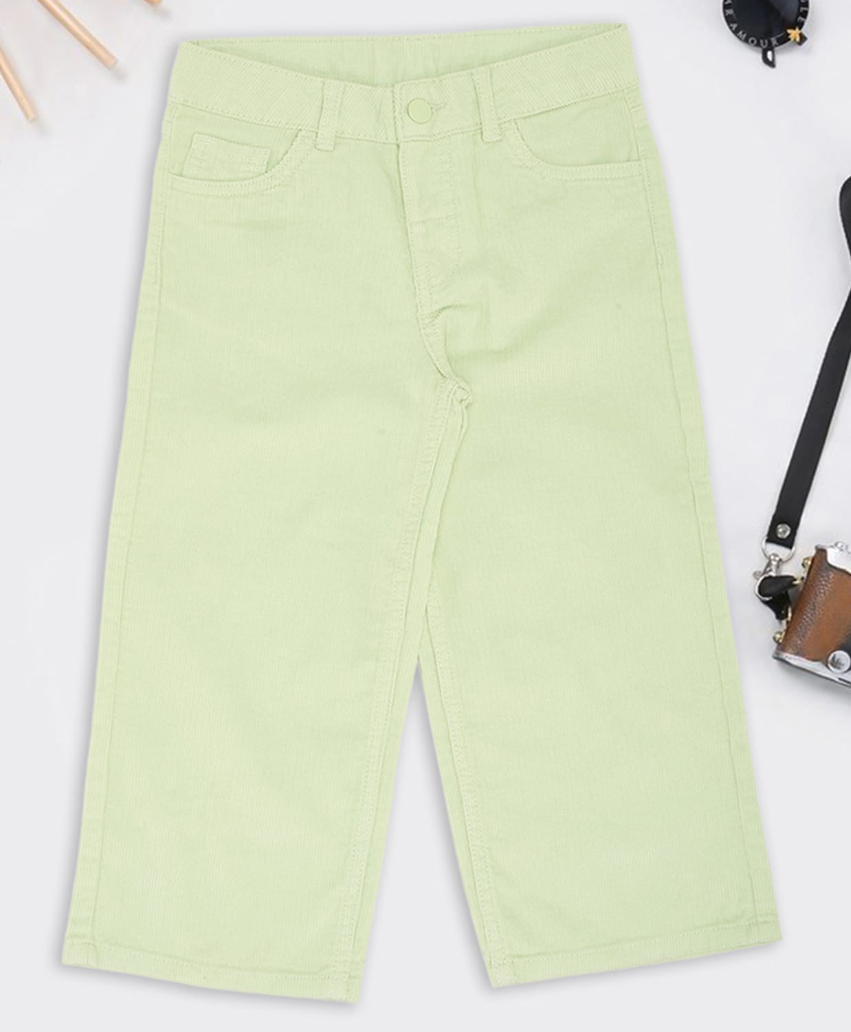 Pantaloons Junior Cotton Woven Solid Wide Legged Trouser - Green-picture-25
