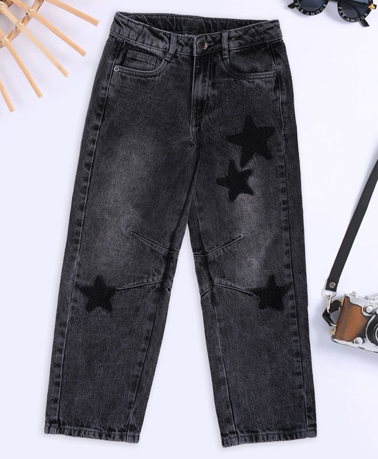 Pantaloons Junior Cotton Denim Star Patch Detailed Jeans - Black-picture-32