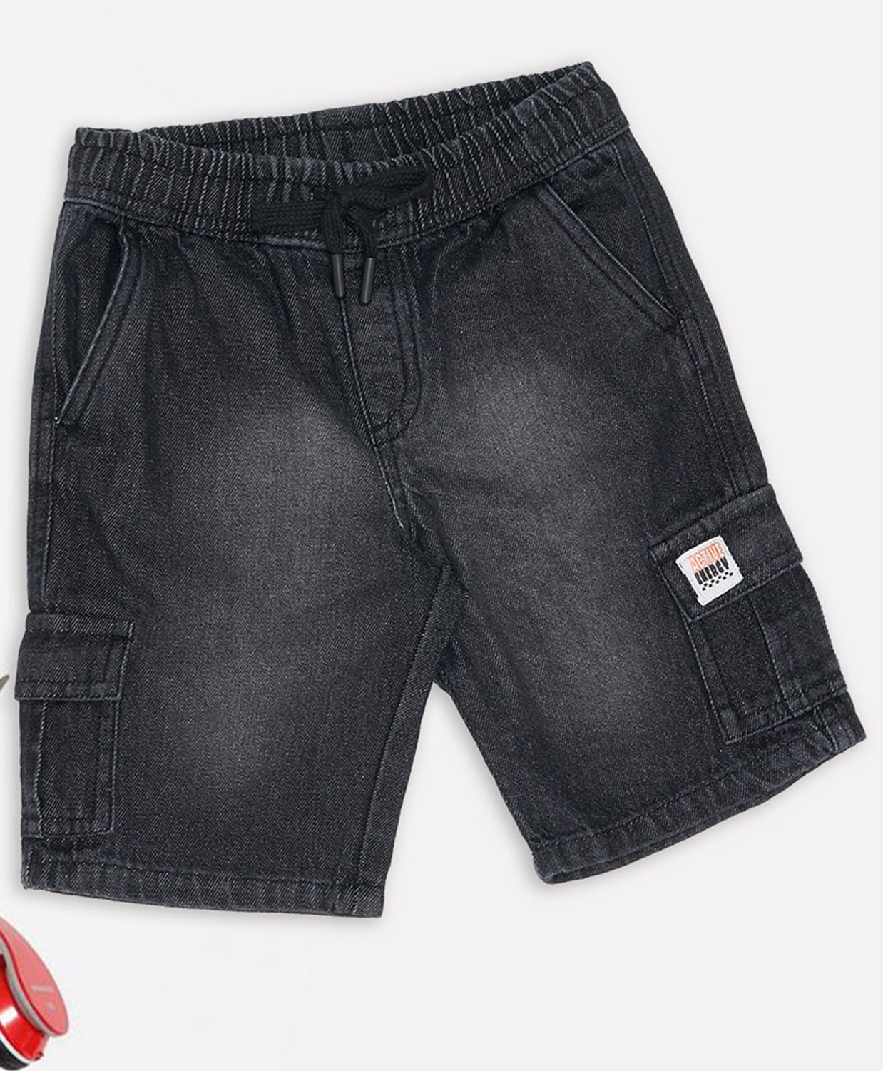 Pantaloons Junior Cotton Denim Active Energy Text Patch Detailed Mild Washed Shorts - Charcoal Grey-image-13
