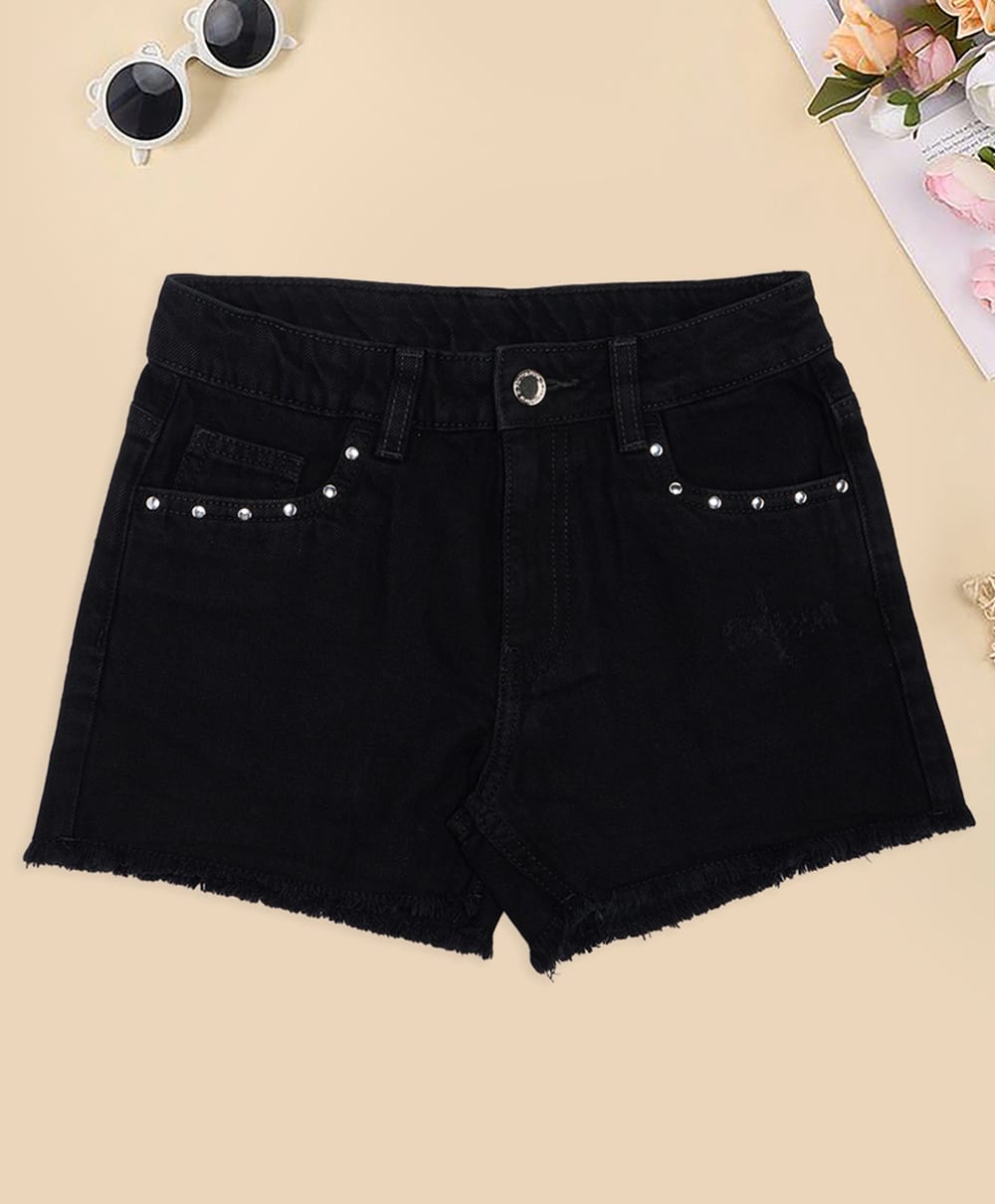 Pantaloons Junior Cotton Denim Metal Studs Embellished Shorts - Black-picture-11