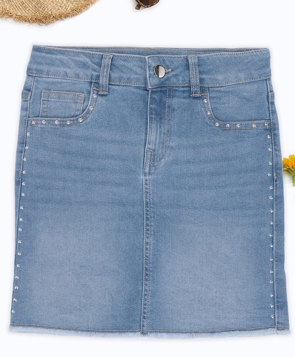Pantaloons Junior Cotton Stones Embellished Denim Skirt - Blue-image-27