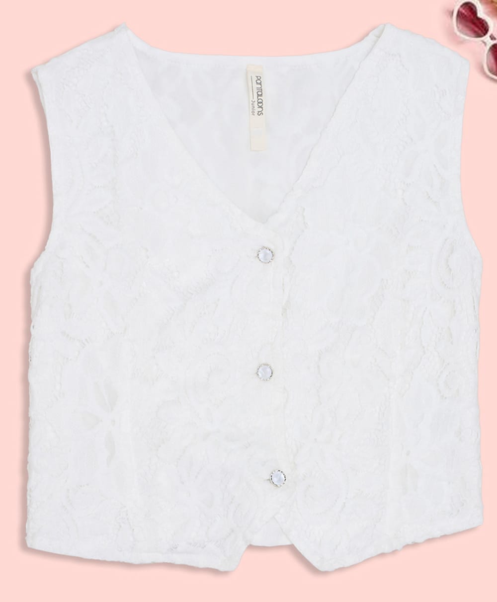 Pantaloons Junior Knit Sleeveless Floral Embroidered Top - White-picture-29