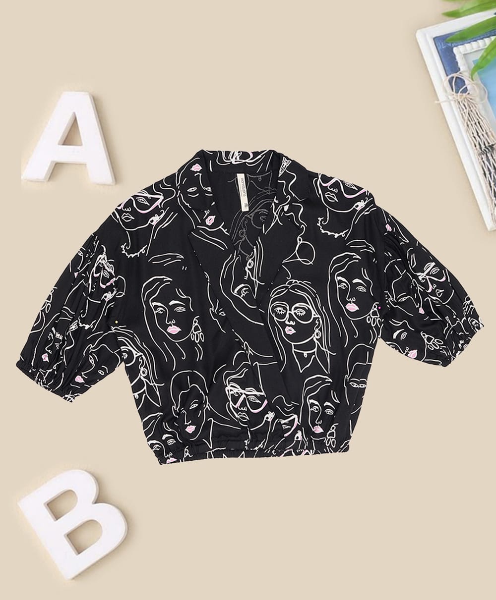 Pantaloons Junior Rayon Woven Half Sleeves People Printed Shirt Style Top - Black-picture-18