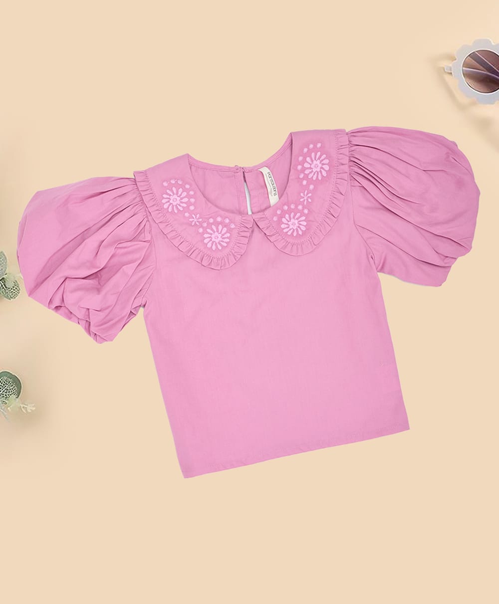 Pantaloons Junior Cotton Woven Half Puffed Sleeves Floral Embroidered Peter Pan Collar Top - Pink-image-5