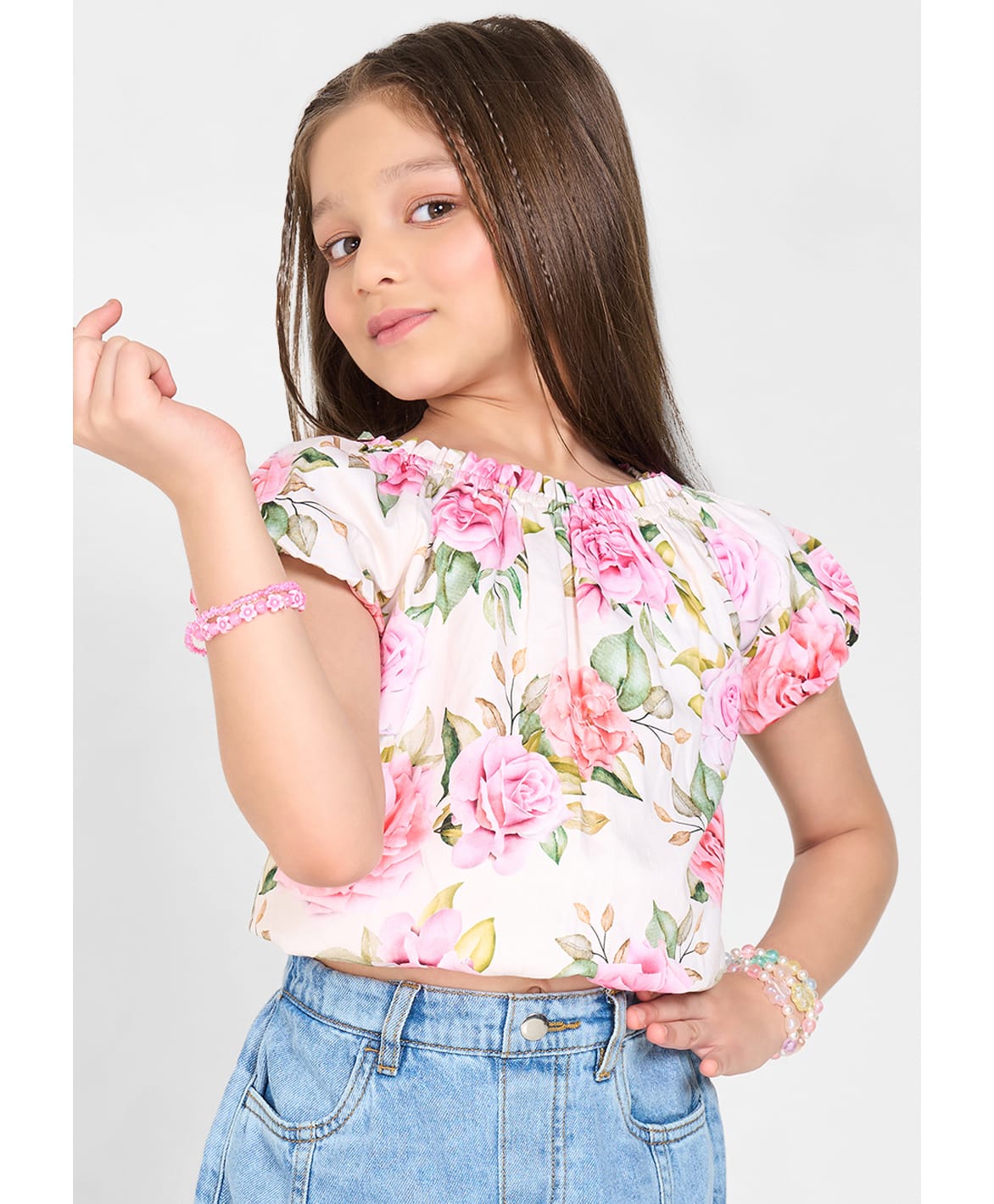 Pantaloons Junior Cotton Woven Half Sleeves Floral Printed Top - Off White-picture-38