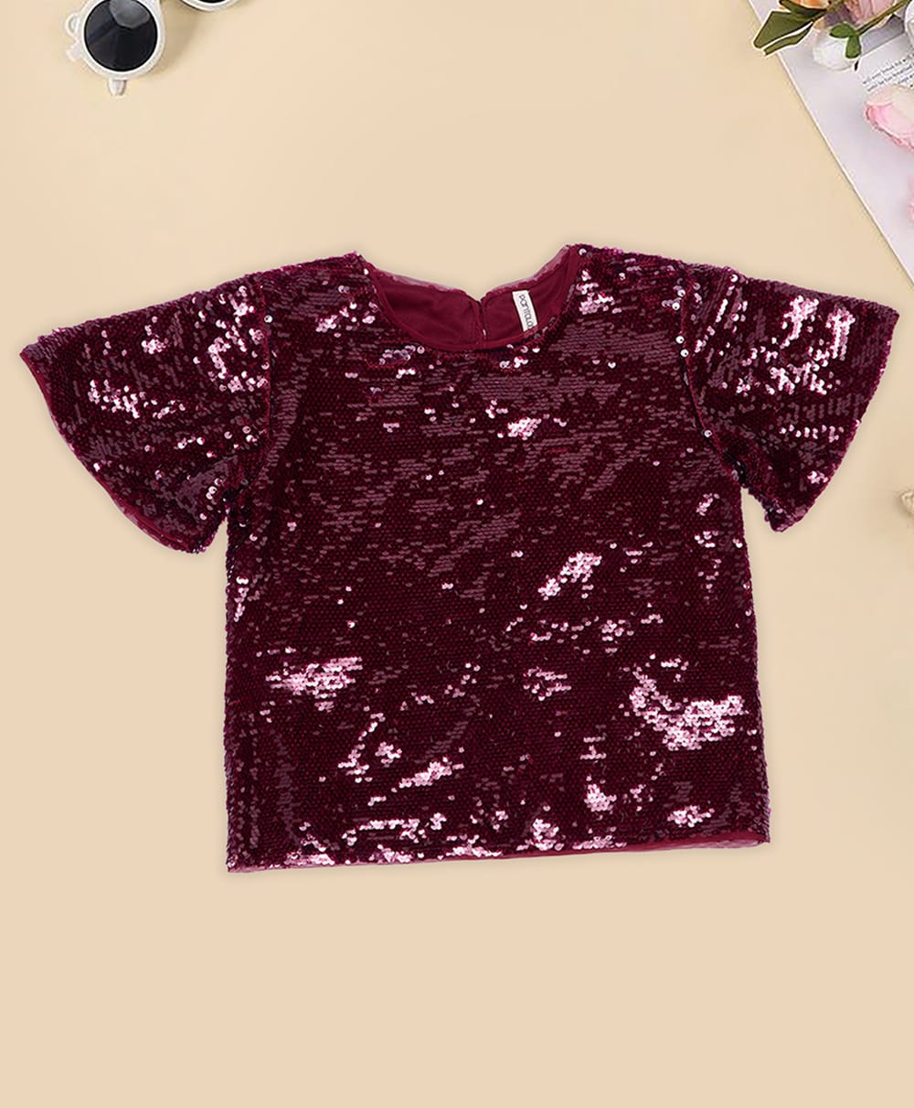 Pantaloons Junior Knit Half Bell Sleeves Sequins Embellished Top - Maroon-picture-13