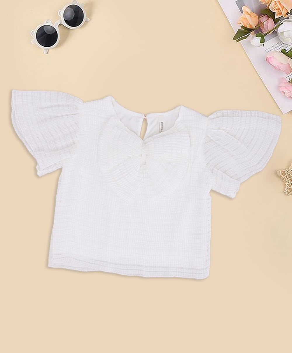 Pantaloons Junior Knit Half Flutter Sleeves Bow Applique Detailed Top - White-image-43