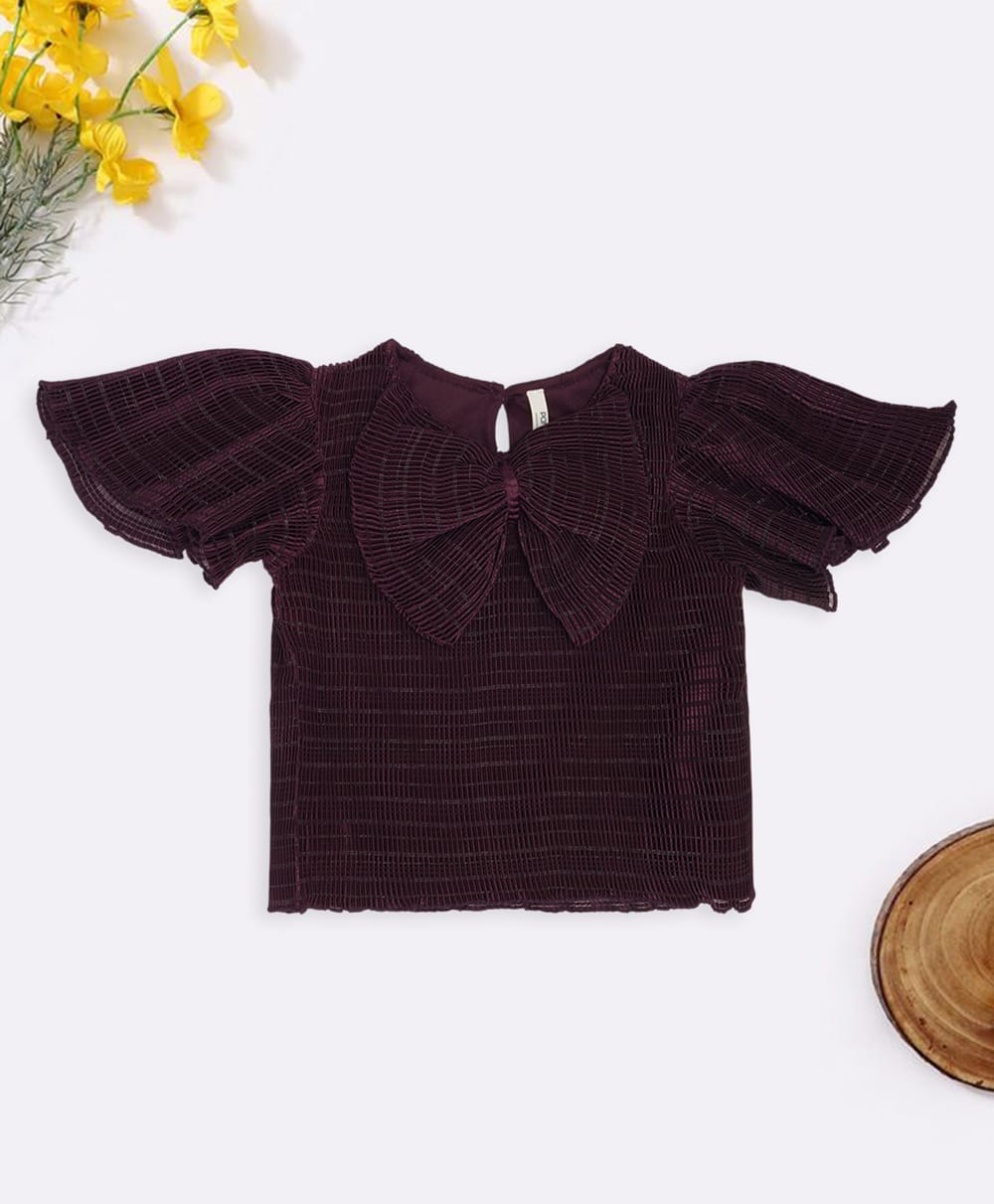 Pantaloons Junior Knit Half Flutter Sleeves Bow Applique Detailed Top - Maroon-image-40