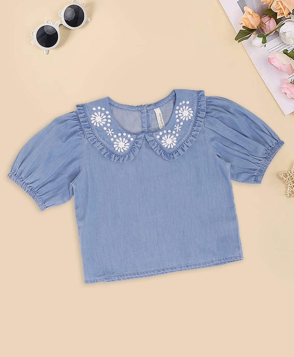 Pantaloons Junior Cotton Woven Half Puffed Sleeves Floral Embroidered Top - Blue-image-36