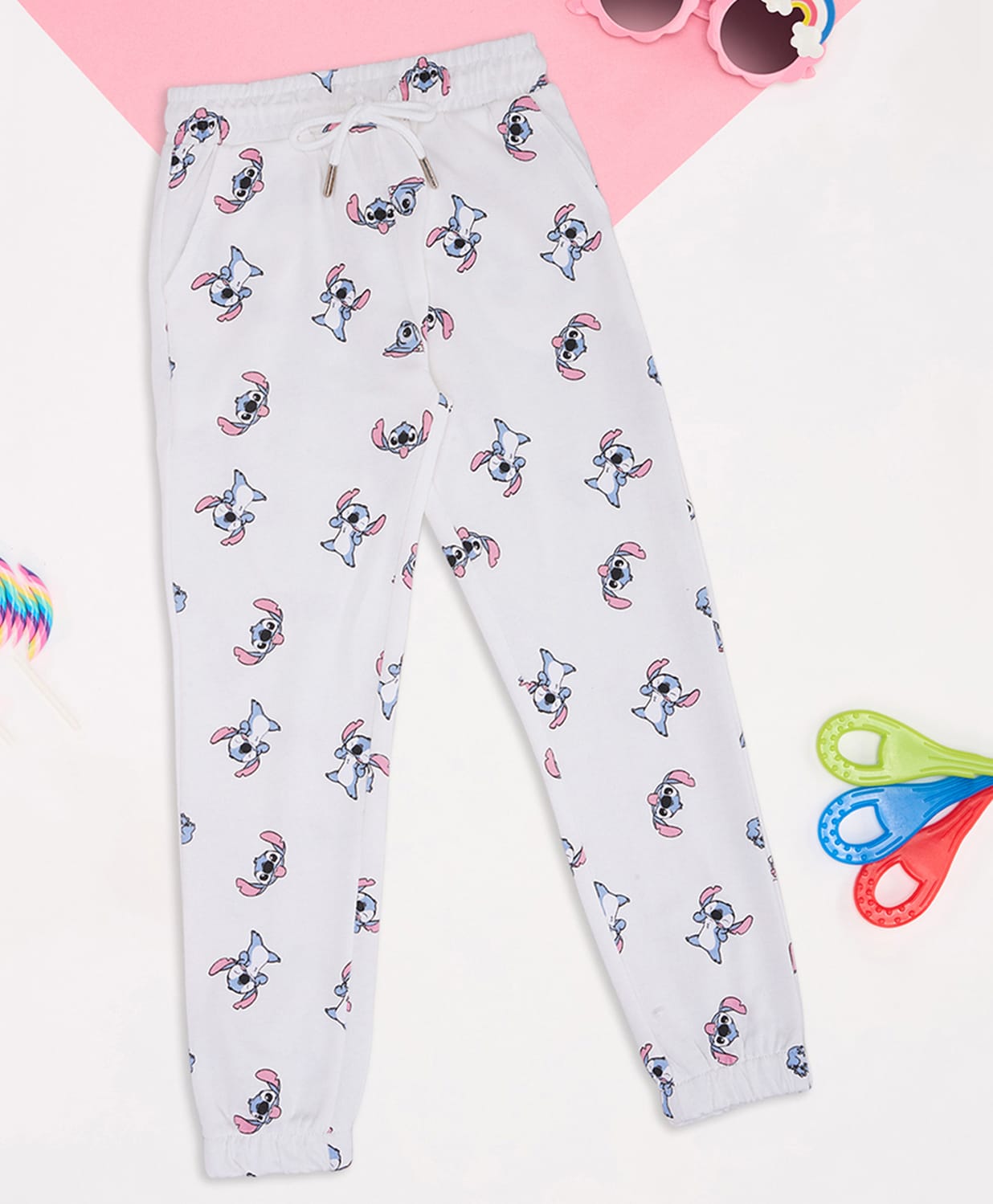 Pantaloons Junior Cotton Knit Featuring Lilo & Stitch Character Printed Joggers - White-picture-26