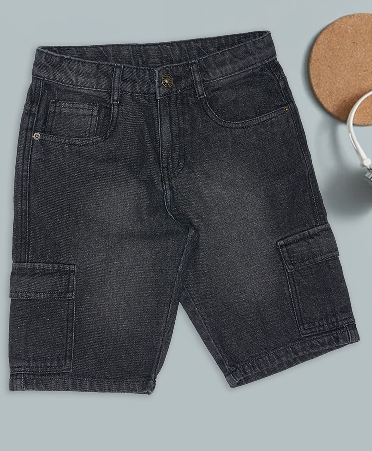 Pantaloons Junior Denim Mild Washed Shorts - Charcoal Grey-image-22