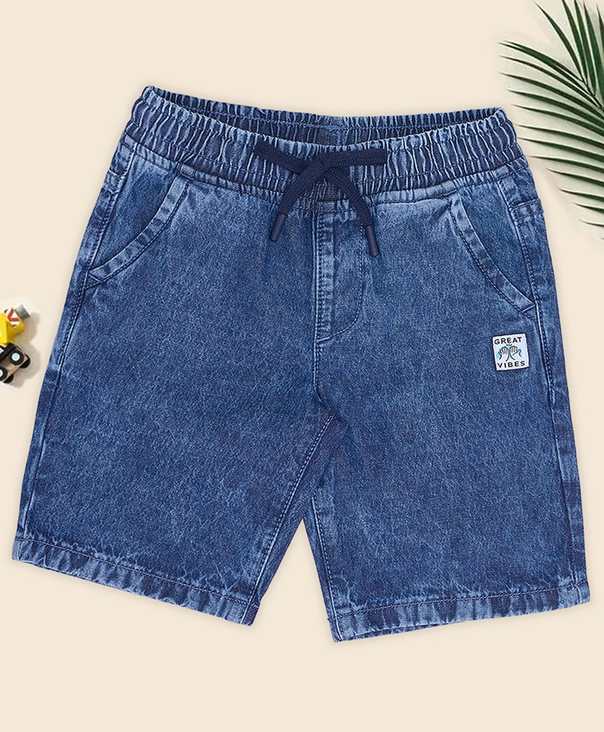 Pantaloons Junior Cotton Denim Great Vibes Text Patch Detailed Shorts - Blue-picture-19