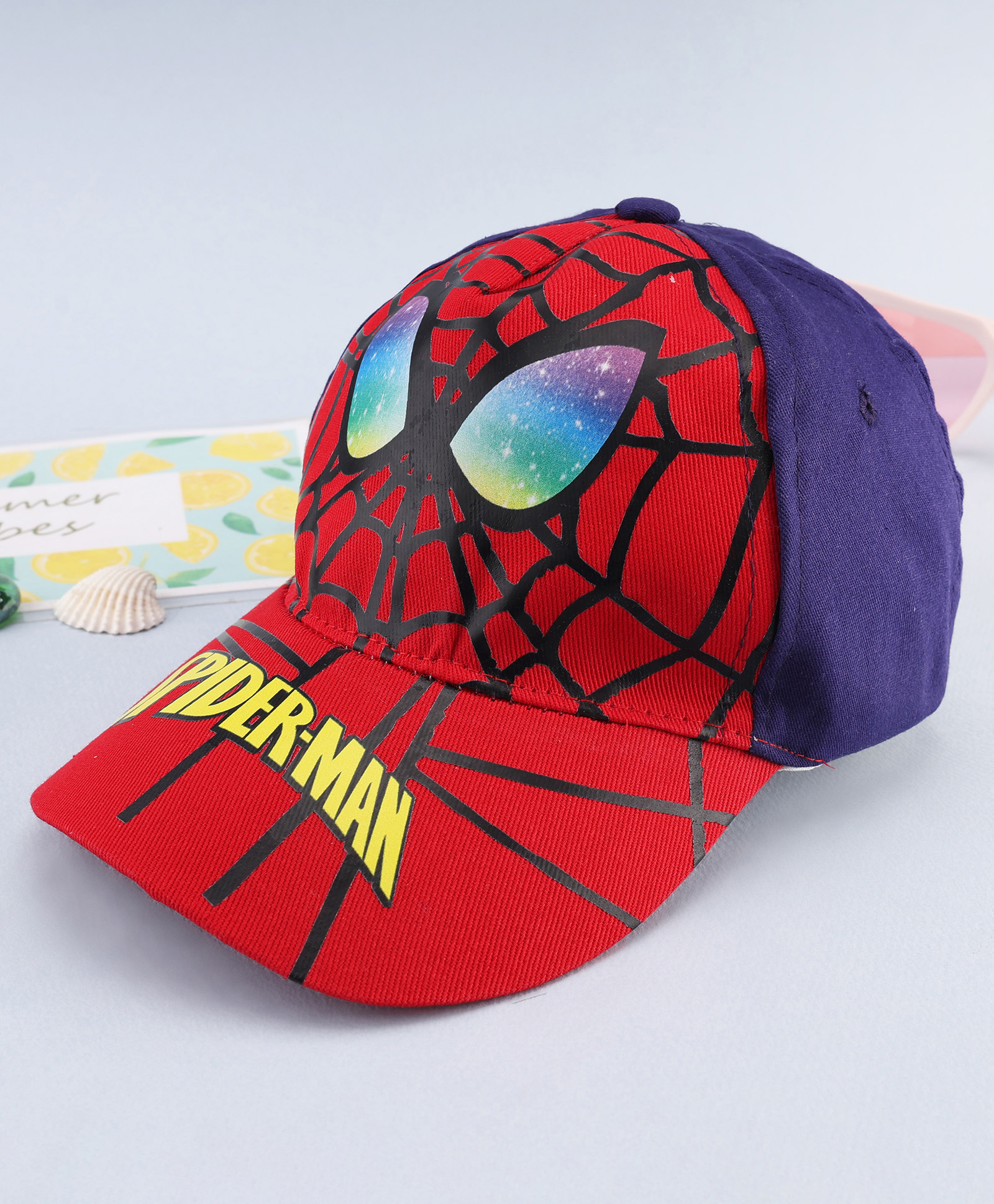 Babyhug Marvel Cotton Woven Summer Cap with Spiderman Graphic Multicolor - Diameter 17 cm