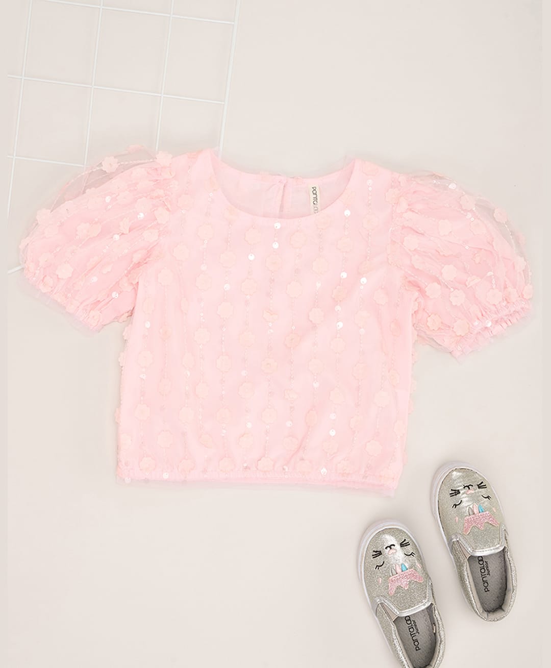 Pantaloons Junior Knit Half Puffed Sleeves Sequins Embellished Floral Applique & Threadwork Detailed Top - Pink-image-24