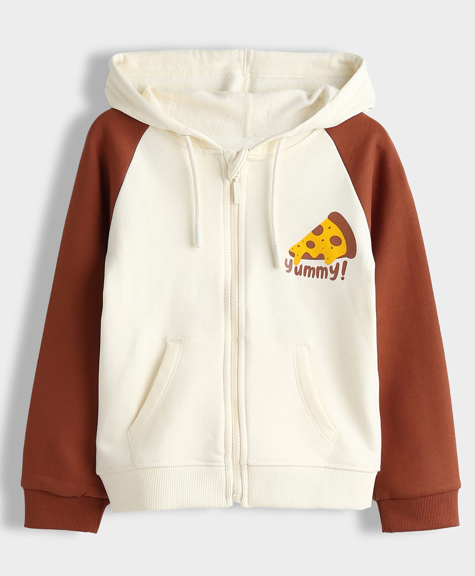 Orange Sugar 100% Cotton Knit Full Raglan Sleeves Pizza Printed Light Winter Zipper Hoodie - Brown-picture-19