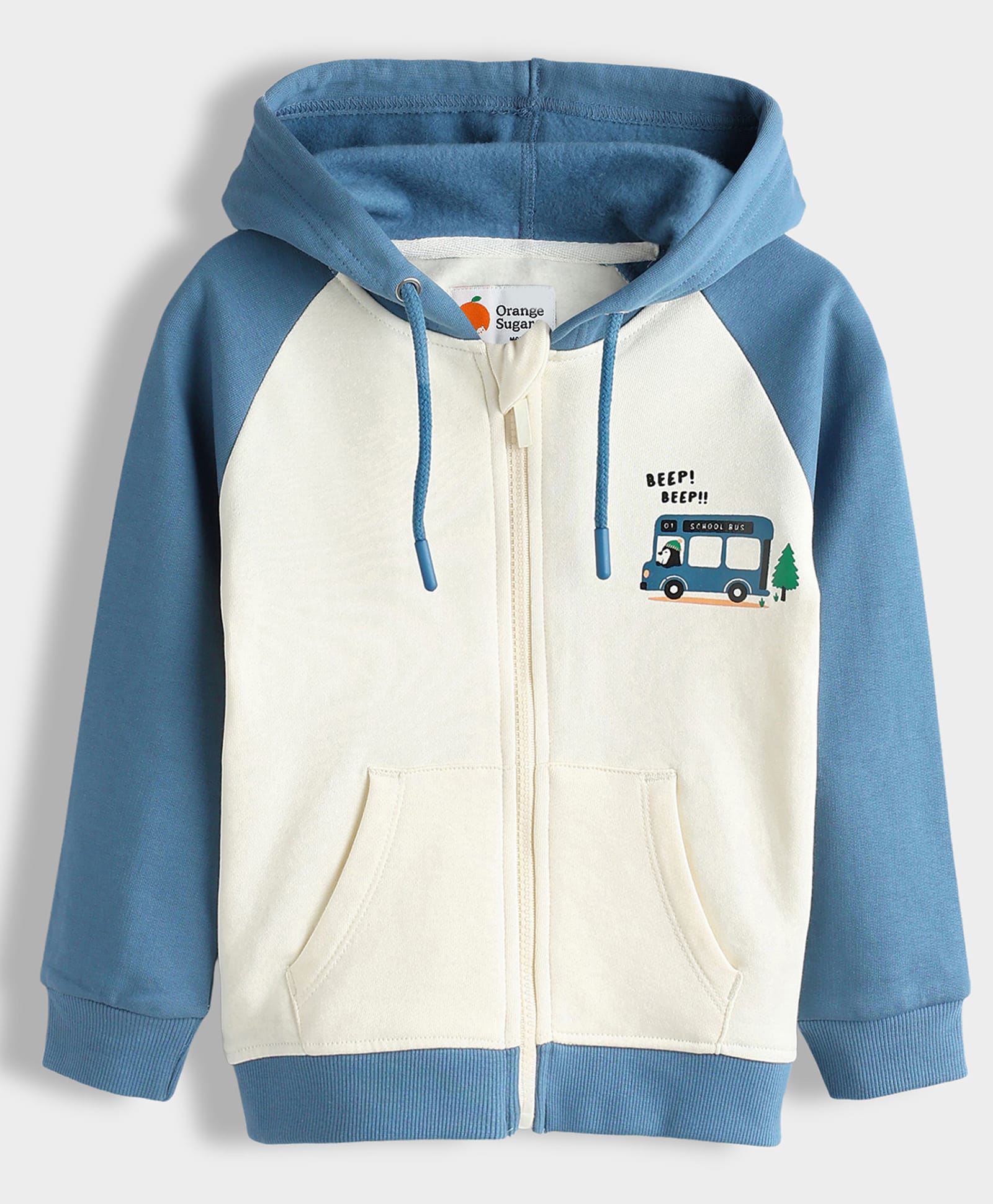 Orange Sugar 100% Cotton Knit Full Raglan Sleeves School Bus Printed Light Winter Zipper Hoodie - Blue-image-33