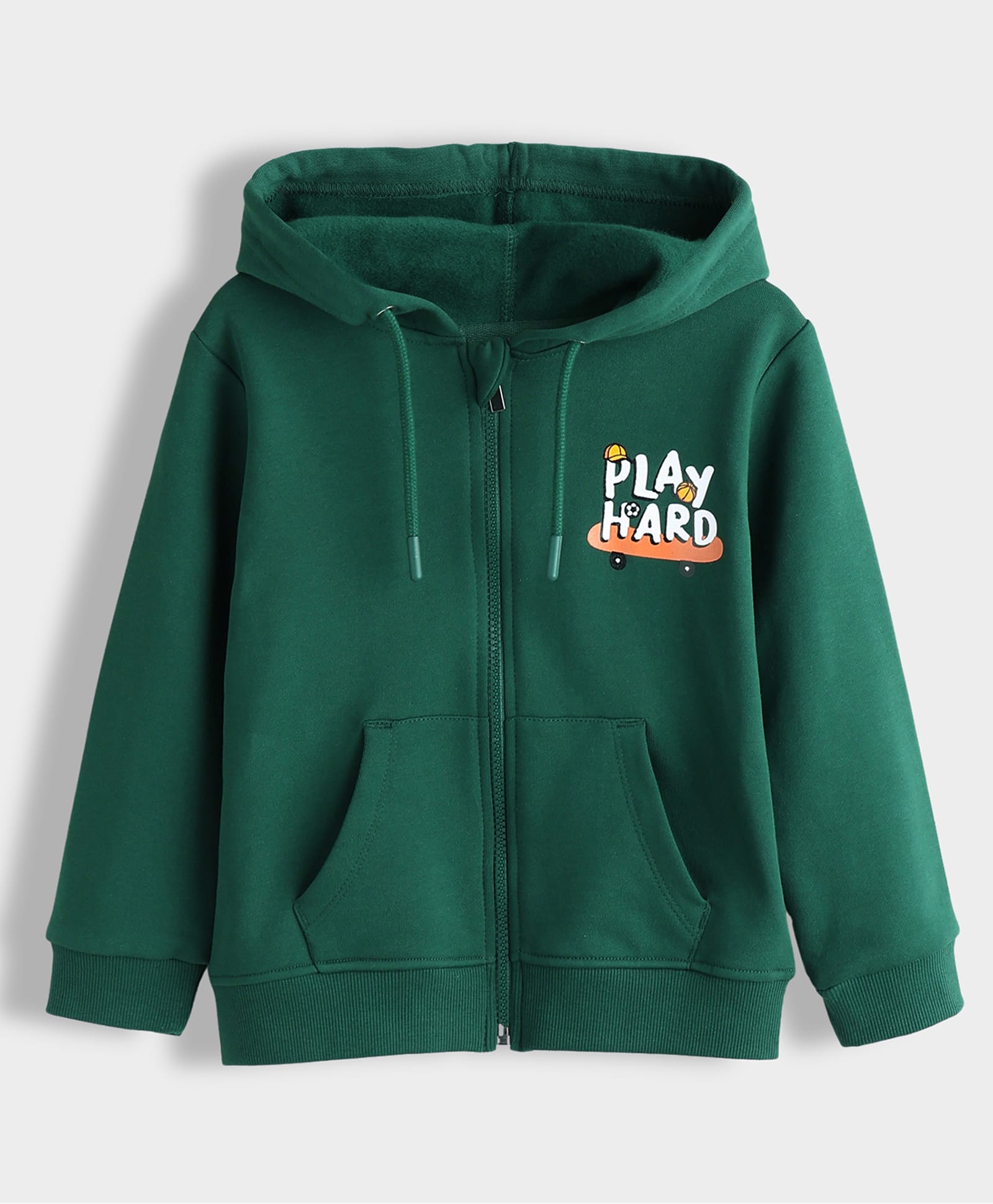 Orange Sugar 100% Cotton Knit Full Sleeves Play Hard Text Printed Light Winter Zipper Hoodie - Dark Green-picture-12