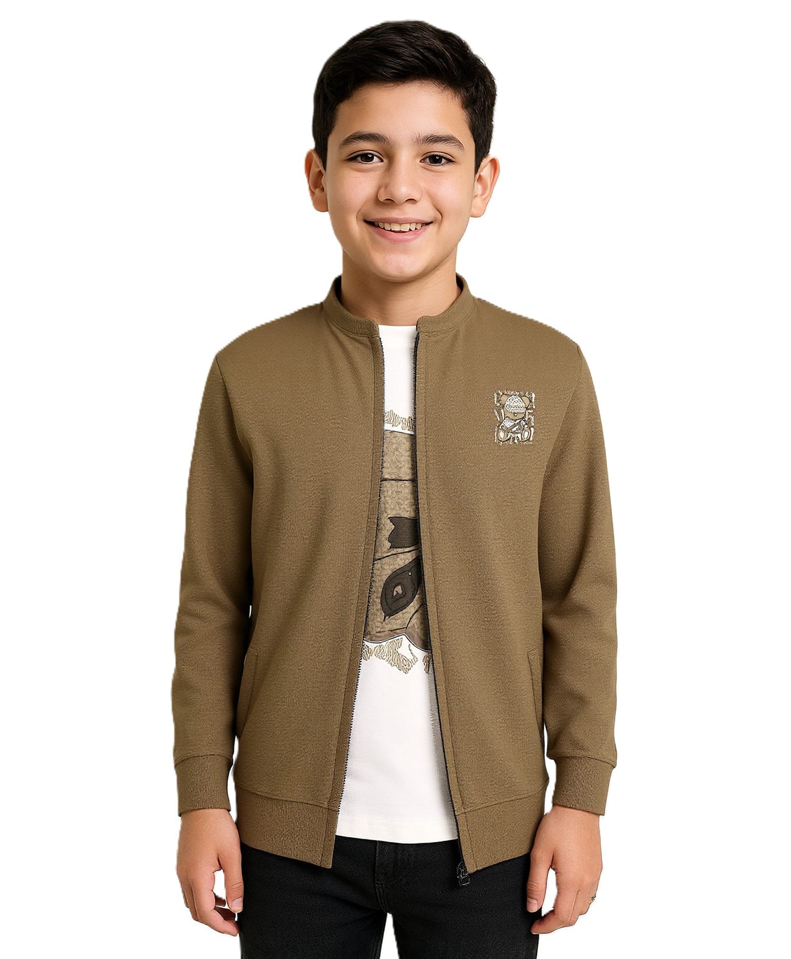 CAVIO Cotton Woven Full Sleeves Teddy Bear Printed Jacket With Tee - Brown-image-20