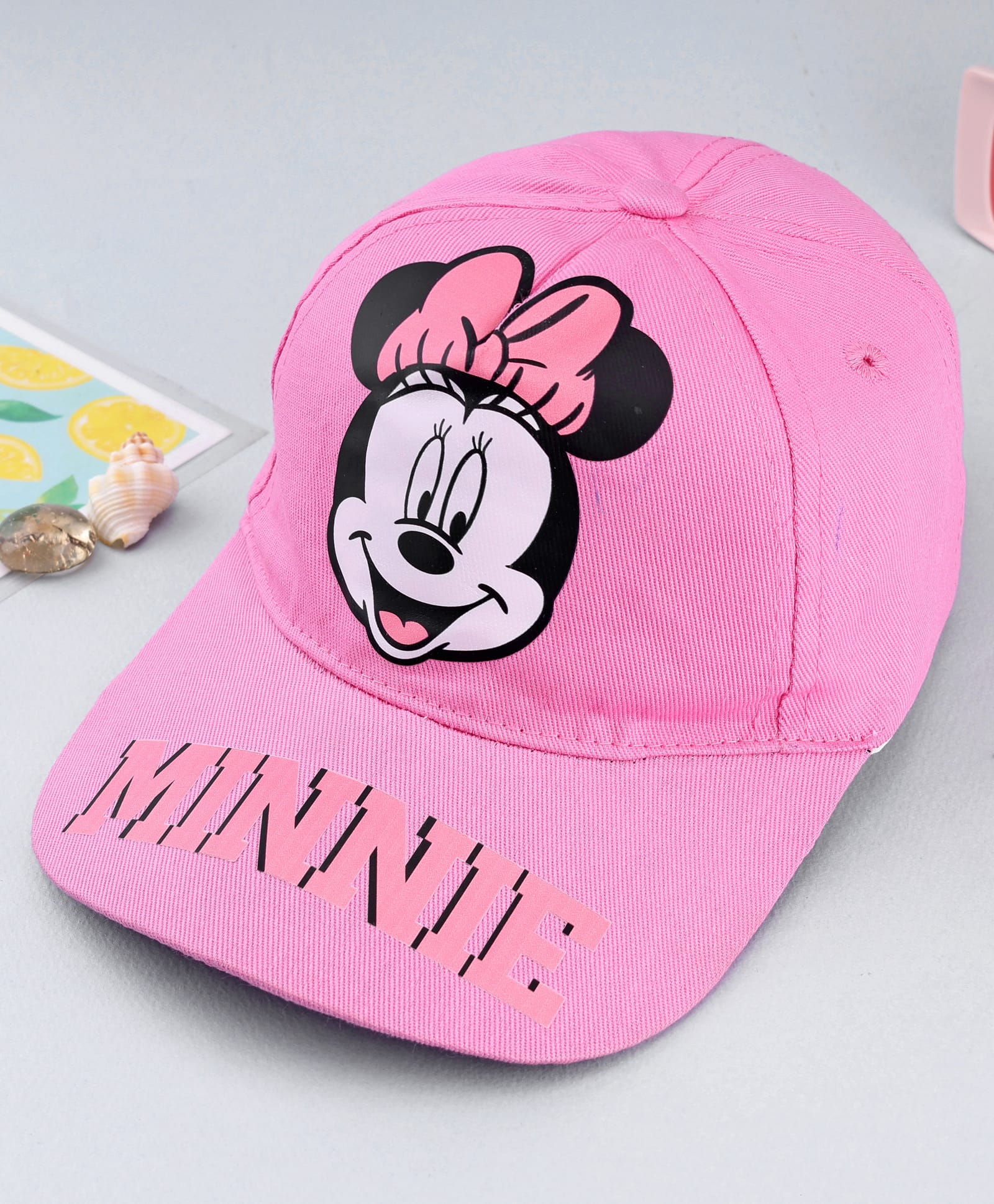 Babyhug Disney Cotton Woven Summer Cap With Minnie Mouse Graphics Pink - Diameter 19.5 cm