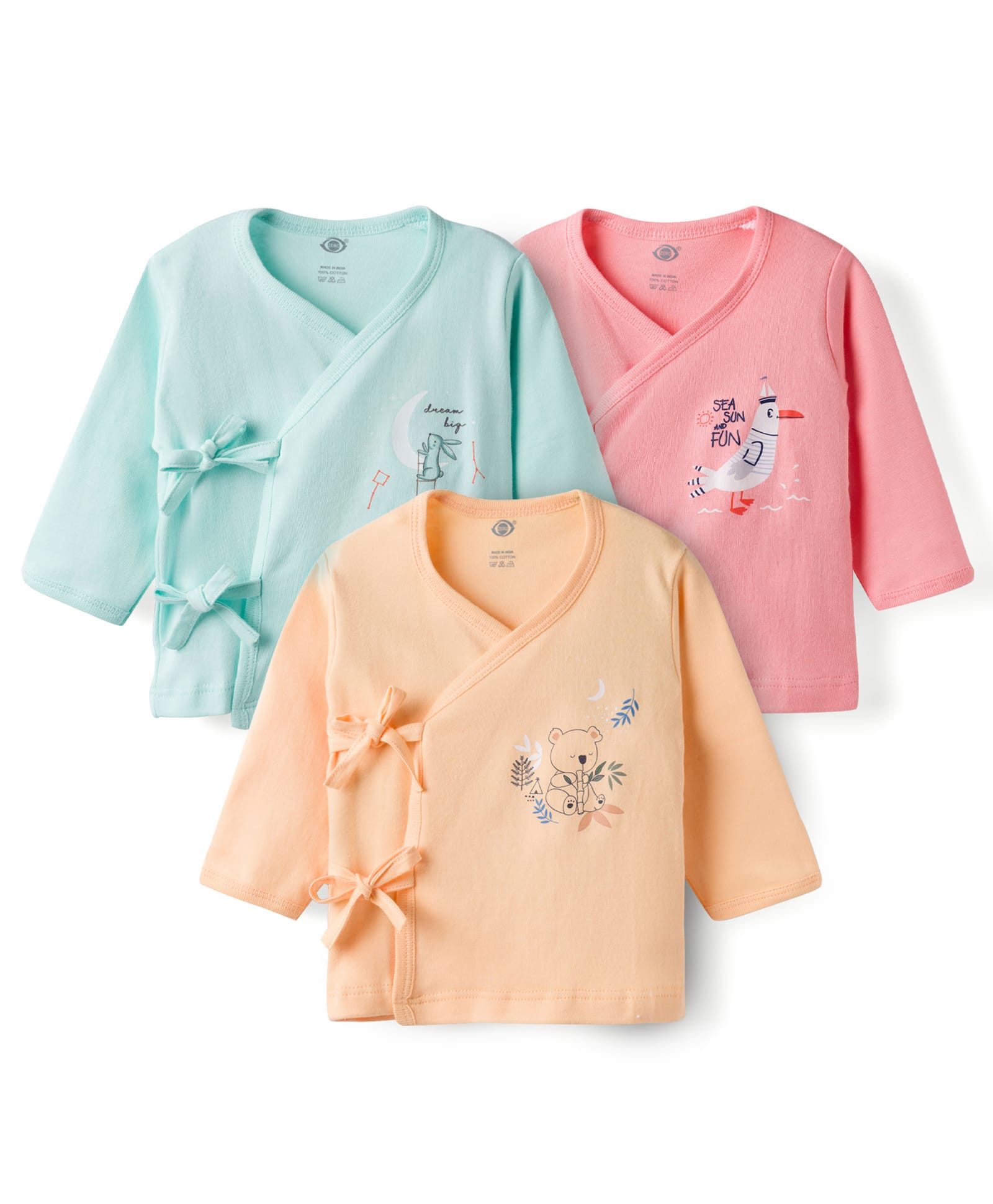 Zero Interlock Knit Full Sleeves Front Open Jhablas with Seagull Bunny & Koala Print Pack of 3 - Peach Aqua Blue & Light Orange-image-40