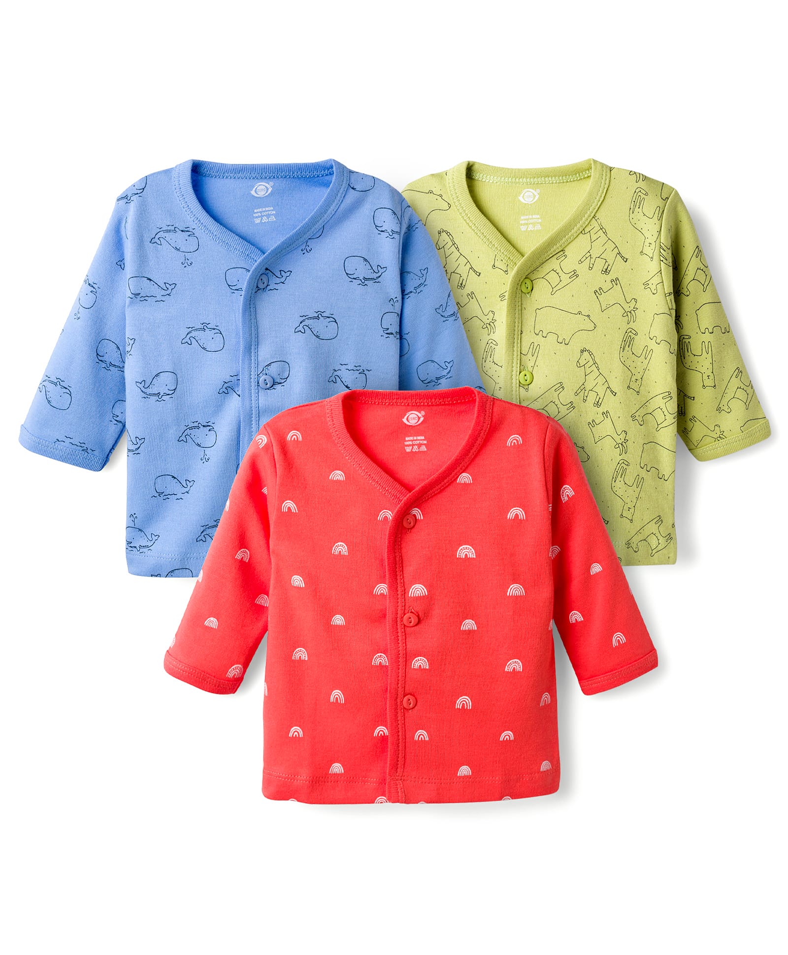 Zero Interlock Knit Full Sleeves Front Open Jhablas with Animals & Rainbow Print Pack of 3 - Coral Blue & Olive Green-image-38
