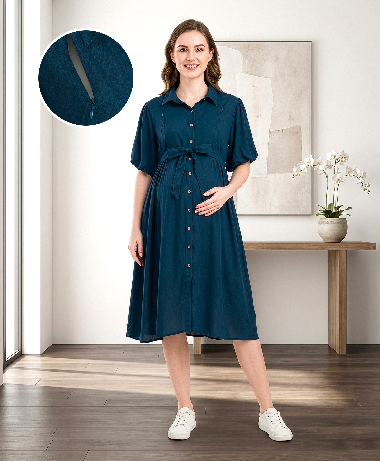 Bella Mama Woven Half Balloon Sleeves Solid Color Maternity Shirt Dress - Teal Blue-image-17