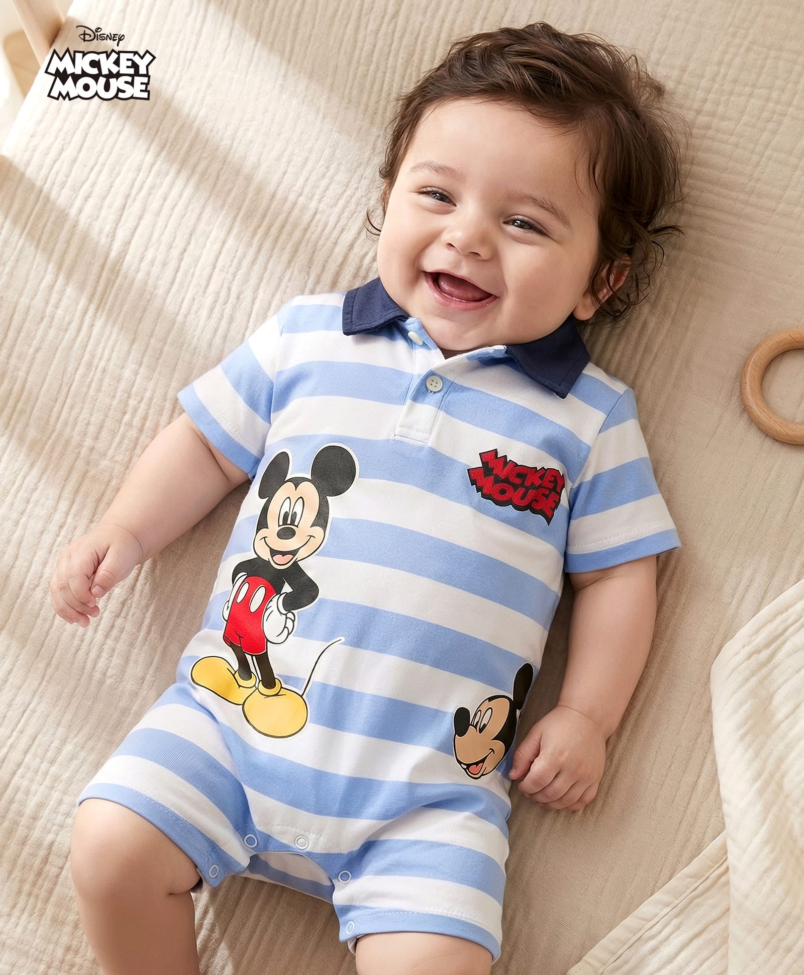 Babyhug Disney 100% Cotton Knit Half Sleeves Romper With Mickey Mouse Graphic & Collar Detailing - Multicolour