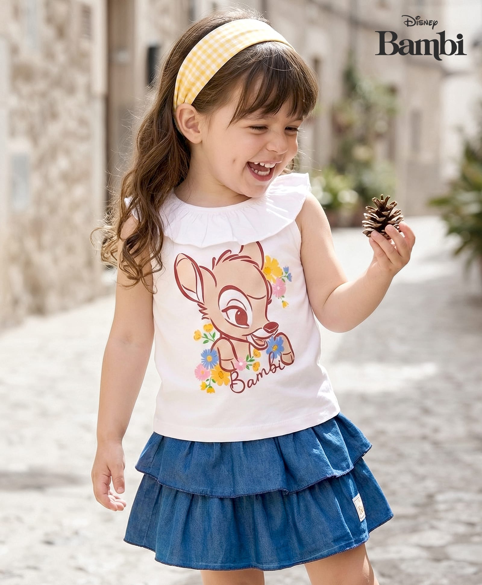 Babyhug Disney Single Jersey Knit Frill Sleeves Top & Skirt Set with Bambi Graphic - Navy Blue & White-image-23