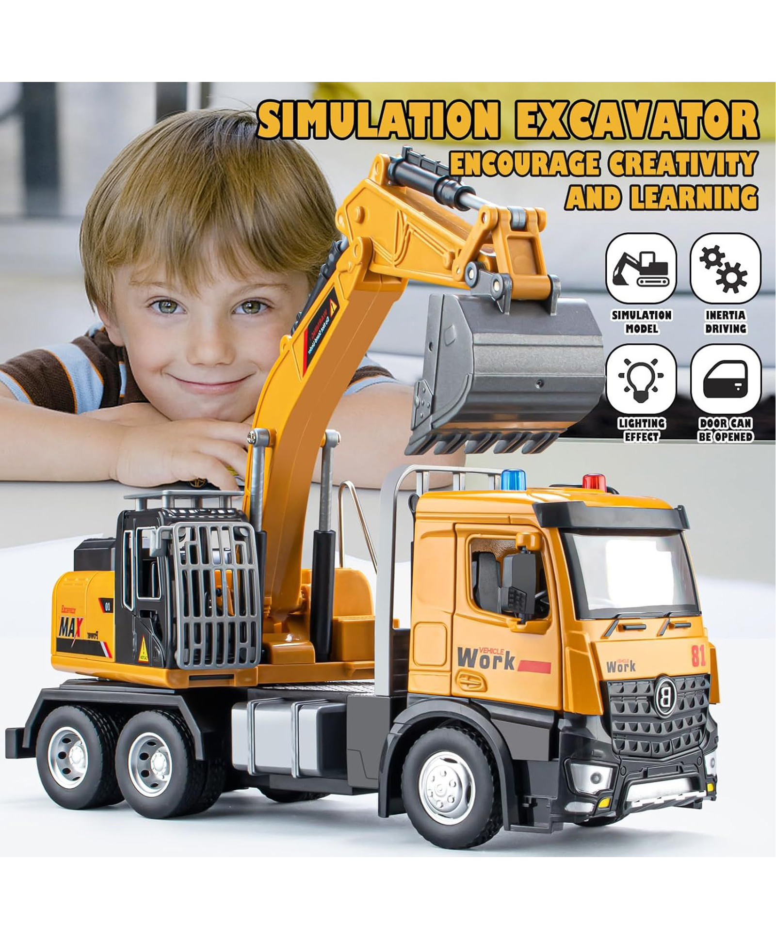 Sanjary Excavator Toy Metal Cab, Big Digger Toys for Boys with Lights Sounds and Working Movable Parts, Friction Powered Construction Vehicles for Kids color design may vary-image-27