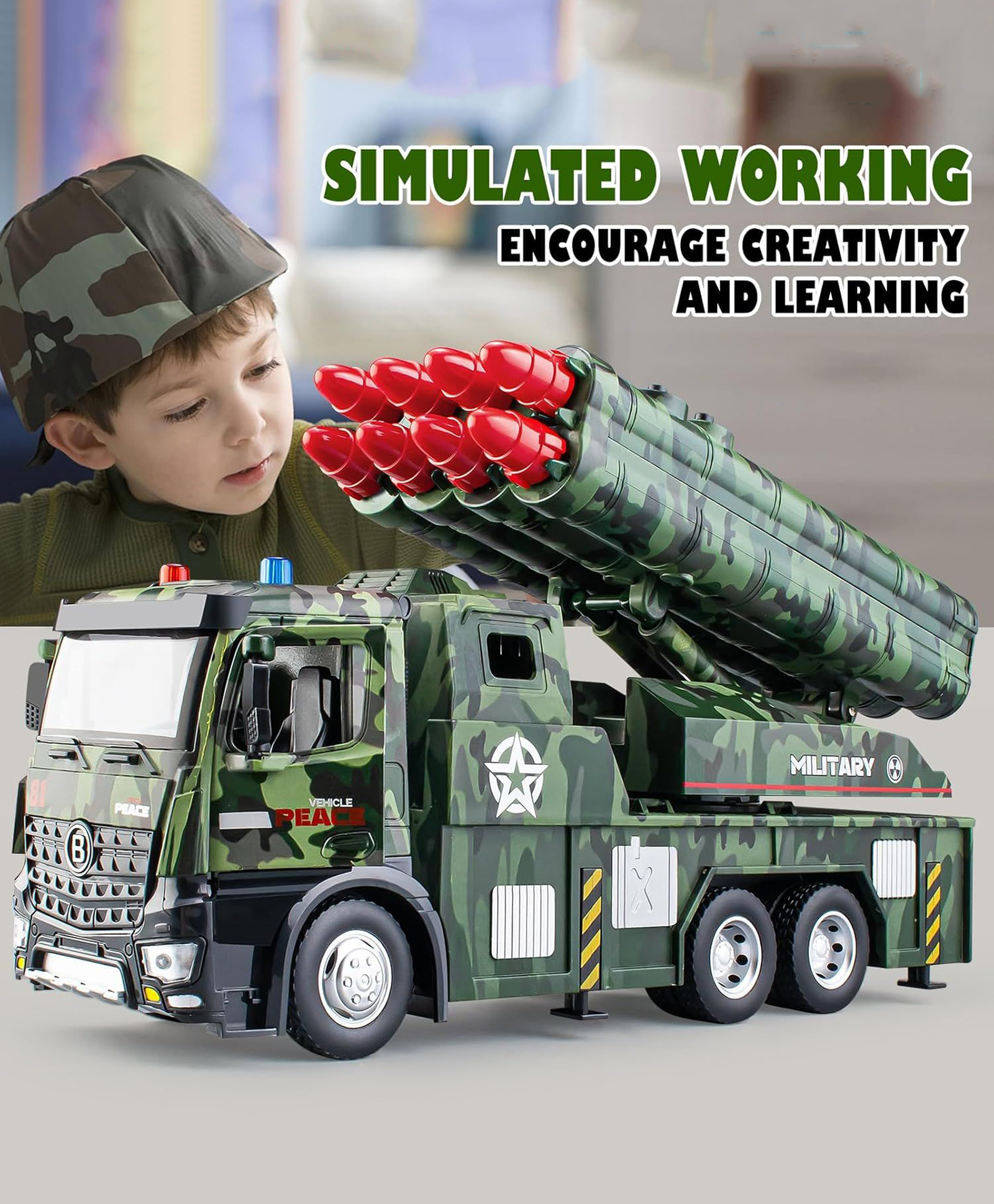Sanjary Military Vehicle Toy with Missile Launcher Metal Cab Friction Military Truck with 8 Missiles Light and Sound color design may vary-picture-13