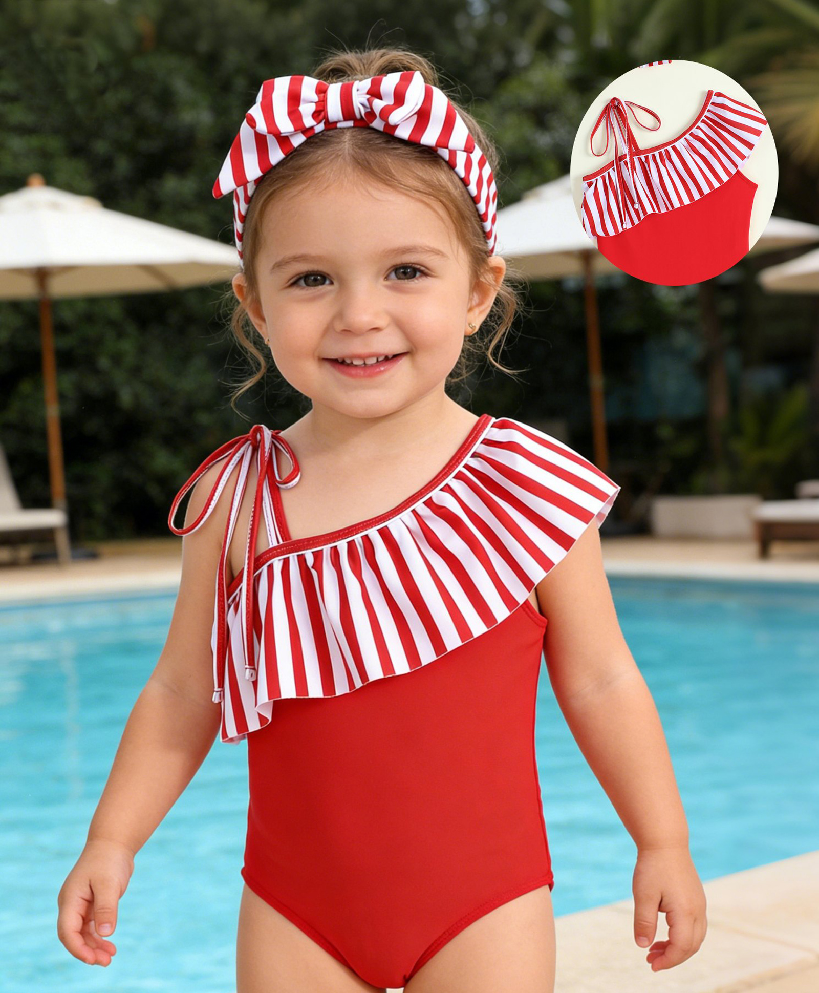 Babyhug Sleeveless Striped V Cut Swimsuit With Headband - Red-image-7