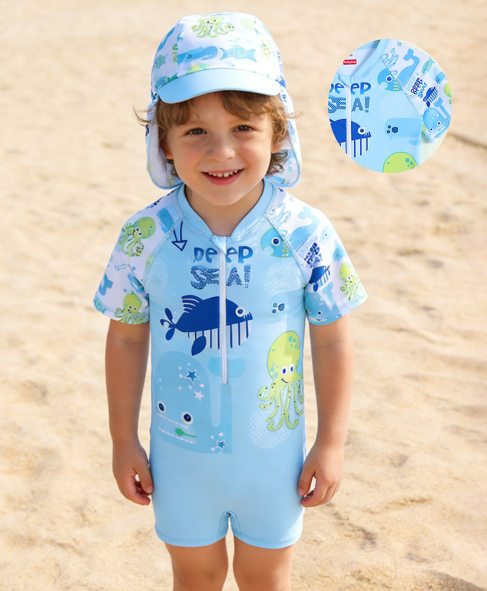 Babyhug Half Raglan Sleeves Printed Legged Swimsuit with Cap - Light Blue-image-24