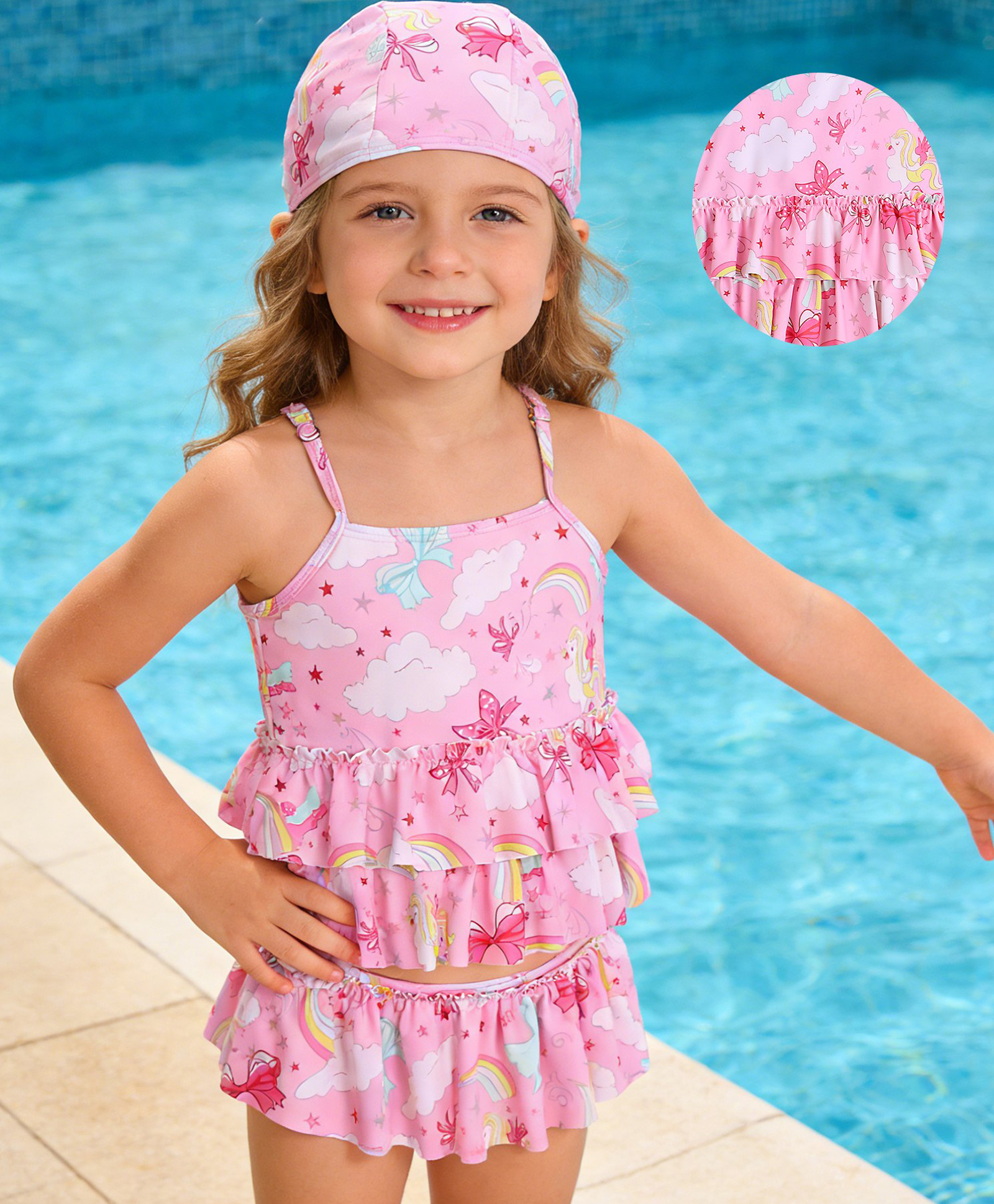 Mark & Mia Sleeveless Two Piece Swimsuit With Unicorn Print & Cap - Pink-image-47