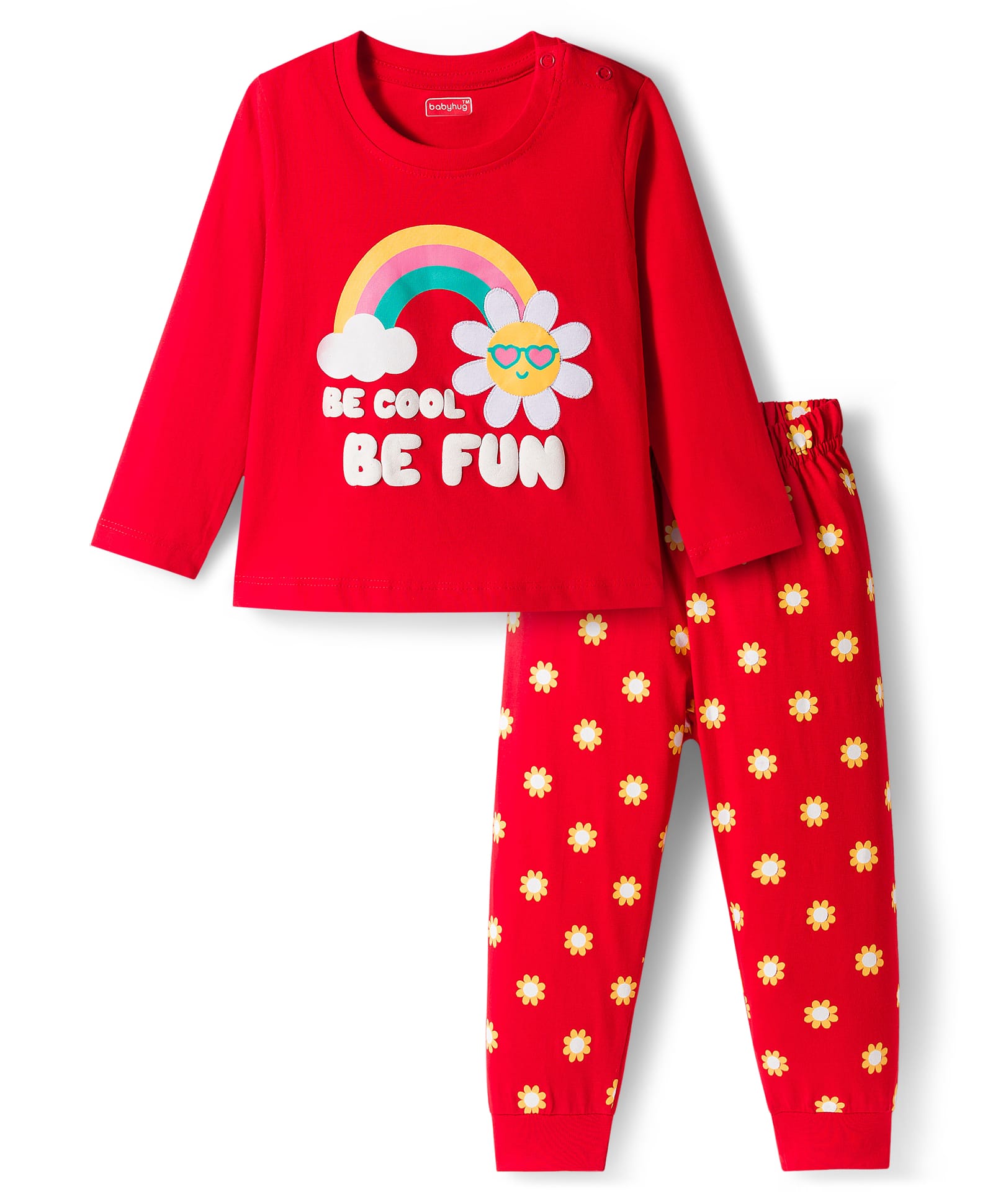 Babyhug Knit Full Sleeves Night Suit With Floral Print - Red-image-24