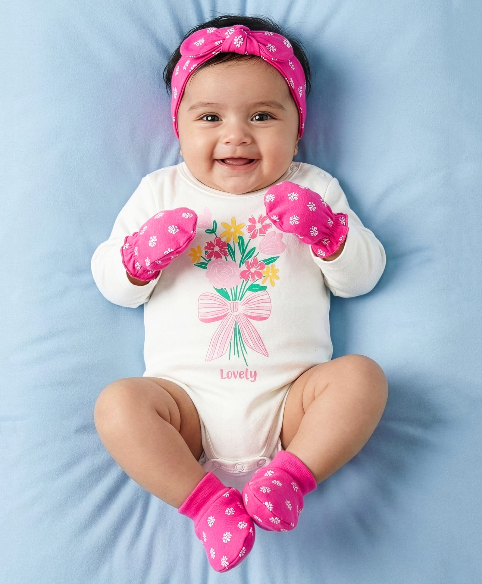 Doodle Poodle 100% Cotton Knit Full Sleeves Floral Printed Onesie With Mittens Booties & Headband - Pink & White-picture-35